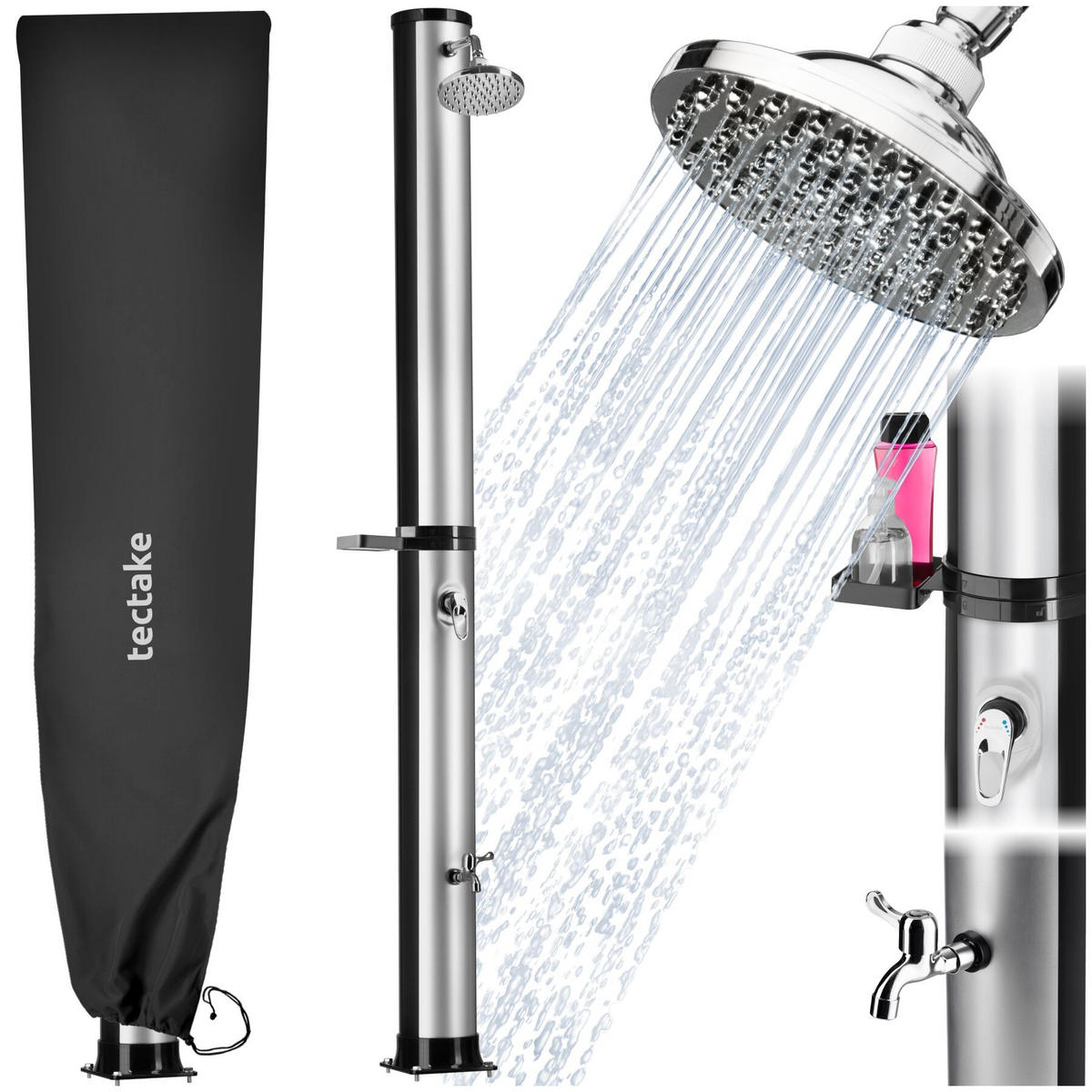 SOLARDUSCHE Orinoco, extra Wasserhahn, inklusive Schutzhülle, schwarz/silber - Silberfarben/Schwarz, Kunststoff (19.5/222/47cm) - tectake