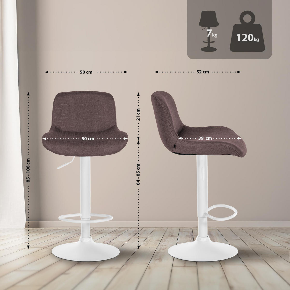 BARHOCKER 2er Set Salomon Weiß Stoff dunkelbraun - Braun/Weiß, Textil/Metall (50/106/52cm) - TPFLiving