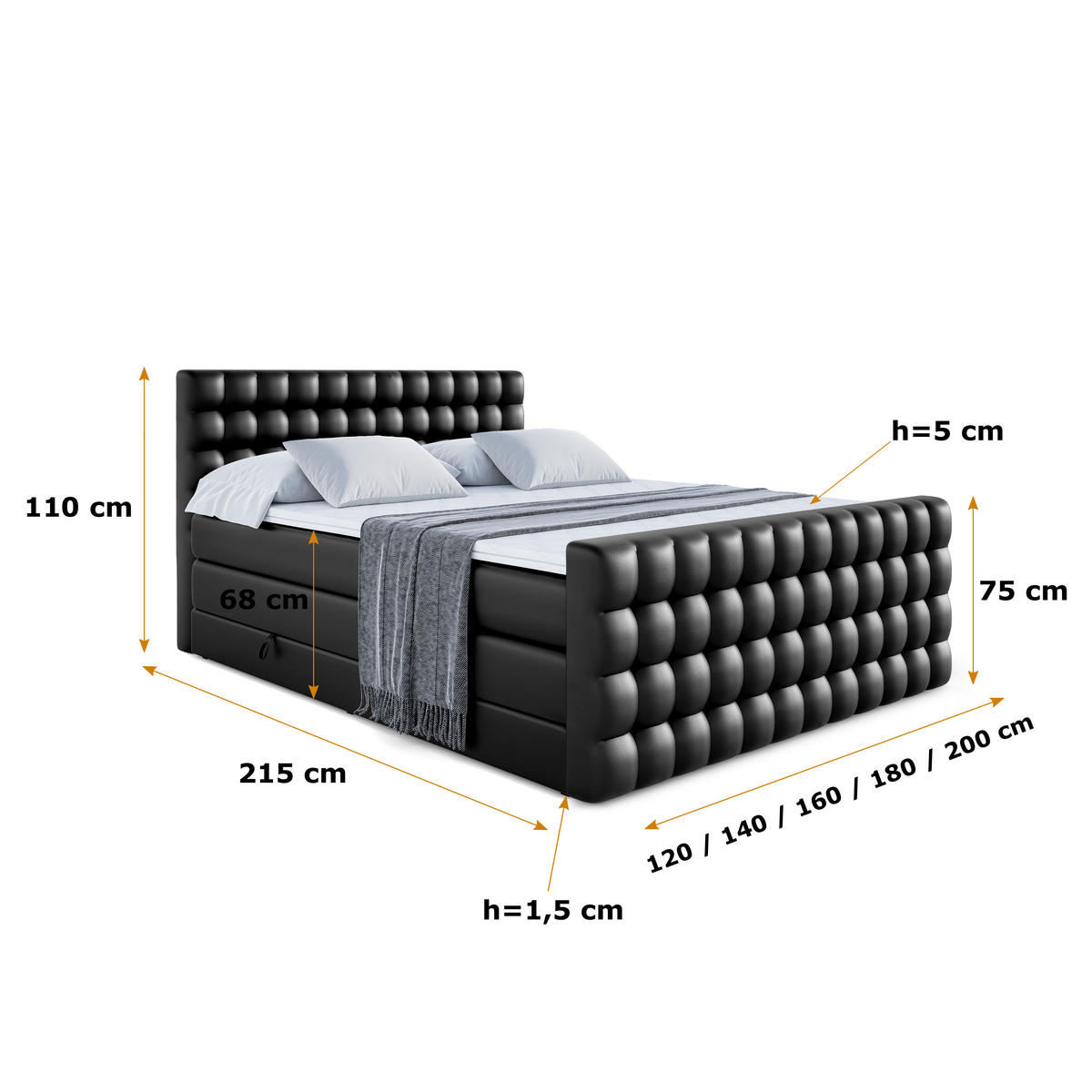 BOXSPRINGBETT VIONE-Z KING - 120 x 200 - H3/H4 - Schwarz Hochglanz - Schwarz Hochglanz, Holzwerkstoff (120/200cm) - ALTDECOR