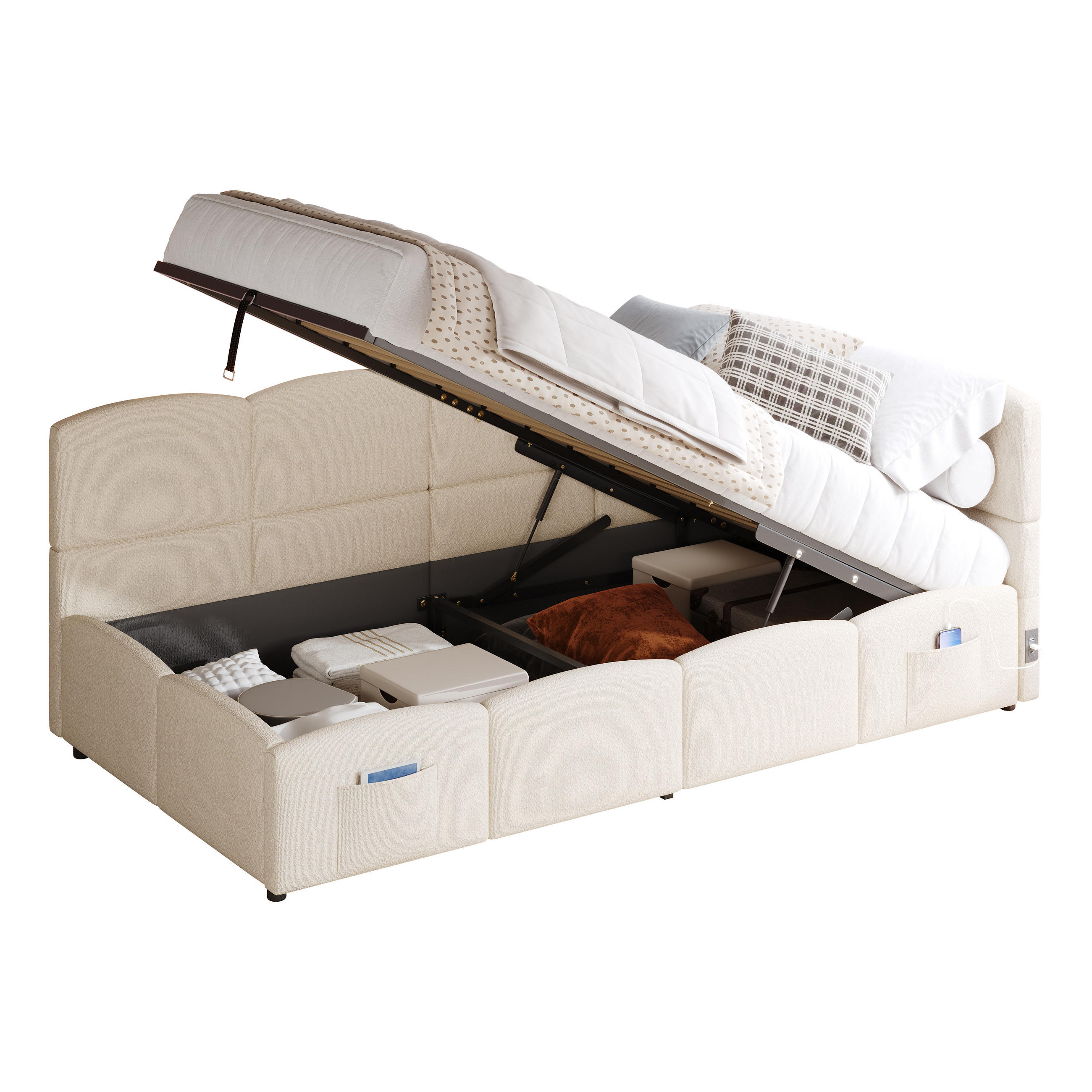 POLSTERBETT mit Stauraum und USB 90x200 cm Bouclé Beige - Beige, Metall (90/200cm) - Meubliv