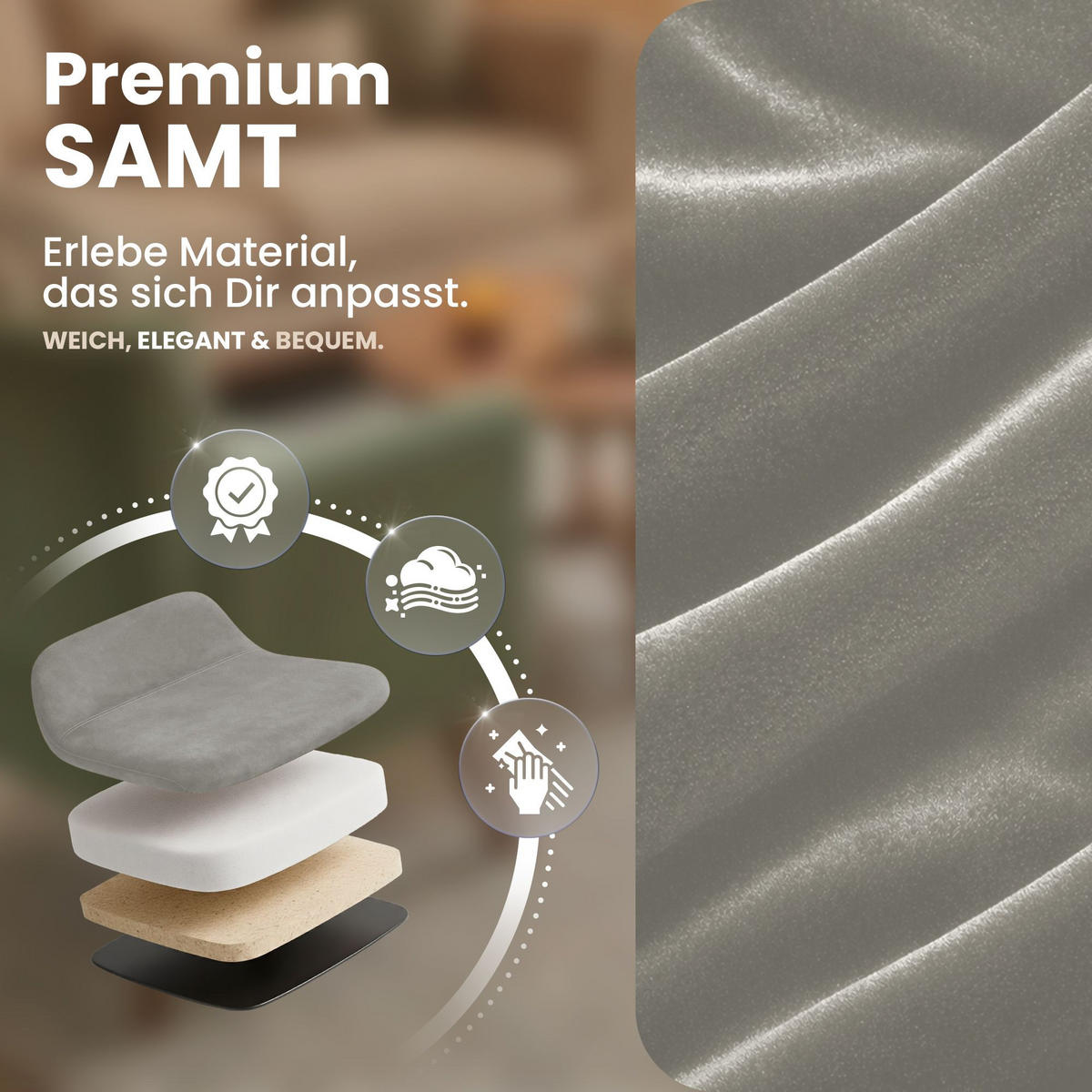 STUHL 4 Samt Grau - Schwarz/Grau, Textil/Metall (45/84/55cm) - CLP