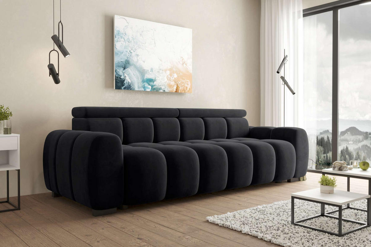 BIGSOFA ALESSIO Velours Schwarz mit elektrischer Sitztiefenverstellung - Schwarz, Kunststoff/Textil (248/77/108cm) - 99rooms