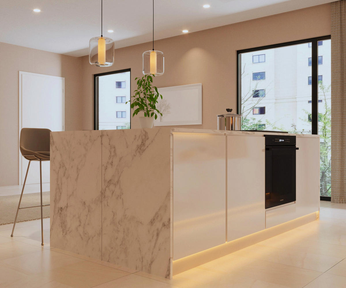 INSELKÜCHE-KÜCHENZEILE 420 cm Glanzia – KU-S15 – Weiß / Grau – Hochglanz - Weiß Hochglanz, Holzwerkstoff (420/212/60cm) - hi-markt