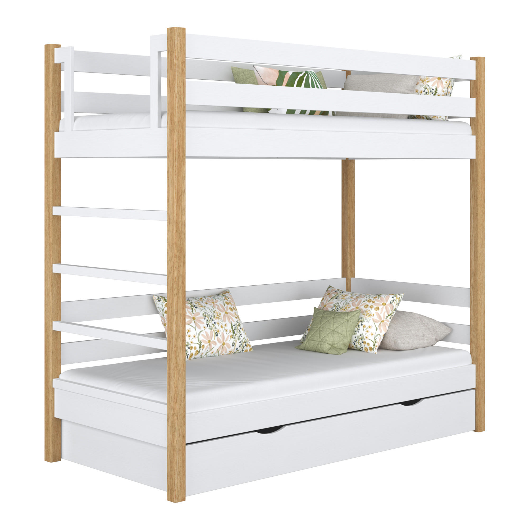 ETAGENBETT N03 mit Schublade Weiß / Eiche Natur 120/180 - Eiche Artisan/Weiß, Naturmaterialien/Holz (120/180cm) - N-Wood