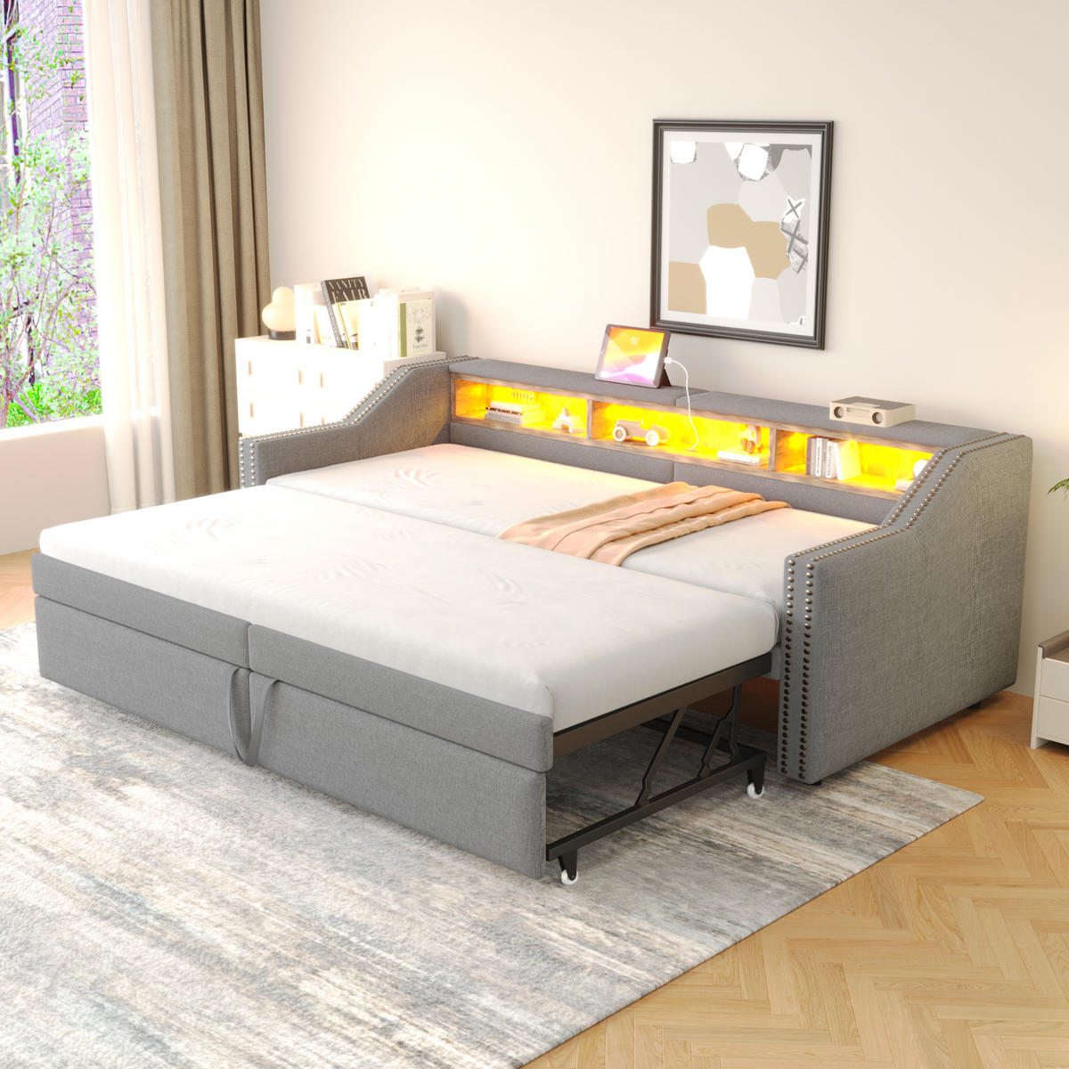 POLSTERBETT 90/180x200 cm LED USB hellgrau - Hellgrau, Textil (180/200cm) - LEBENLANG
