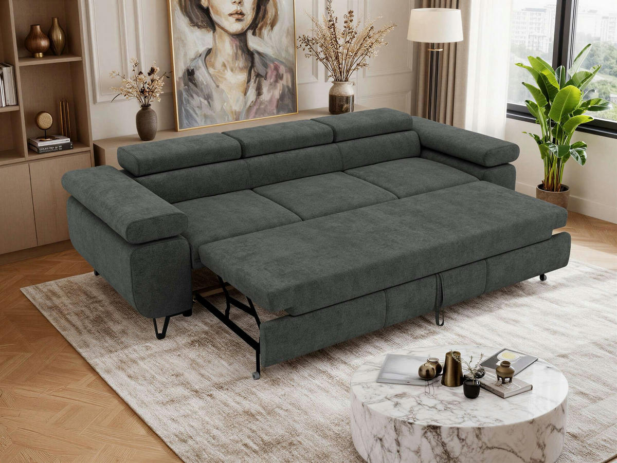TŘÍMÍSTNÁ POHOVKA PETER 3 s rozkládací funkcí - Tmavě šedá Strukturovaná látka - černá/tmavě šedá, kov/textil (262/76/99cm) - MKS