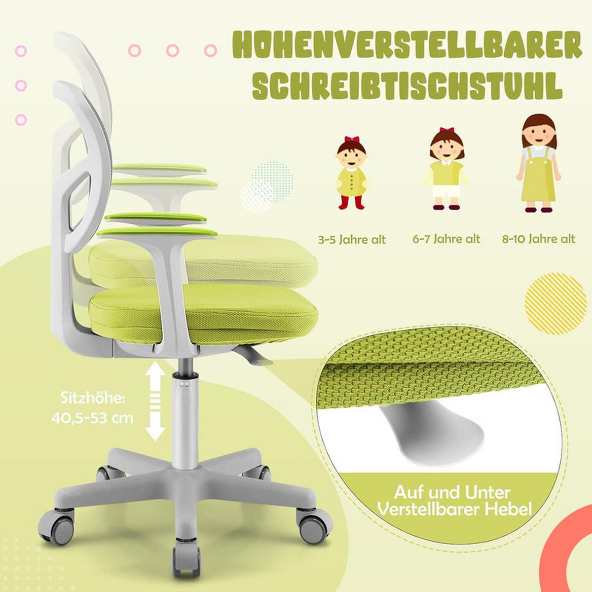 KINDER‑BÜROSTUHL 360°drehbar grün - Grün, Kunststoff (54/80/54cm) - COSTWAY
