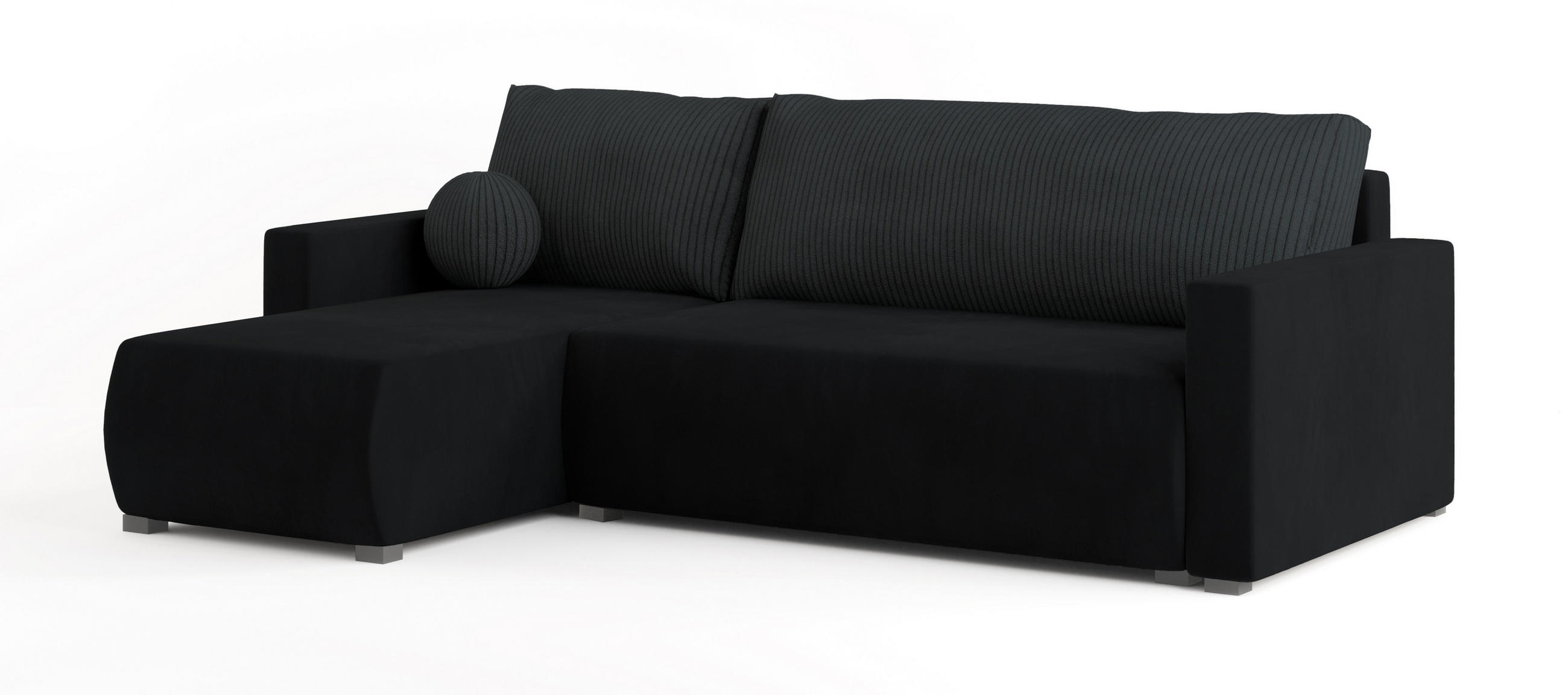 ECKSOFA SORGE Schwarz Plüsch-Stoff mit Schlaffunktion - Schwarz, Holz (220/143cm) - MASSENO