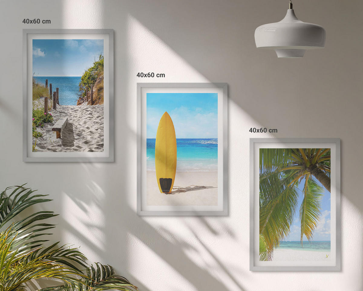 WANDBILDER 3er Set - 40x60 cm Silberner Rahmen - Urlaubsstrände, Wellen, Palmen - Silberfarben, Kunststoff (40/60cm) - ArtPrintCave
