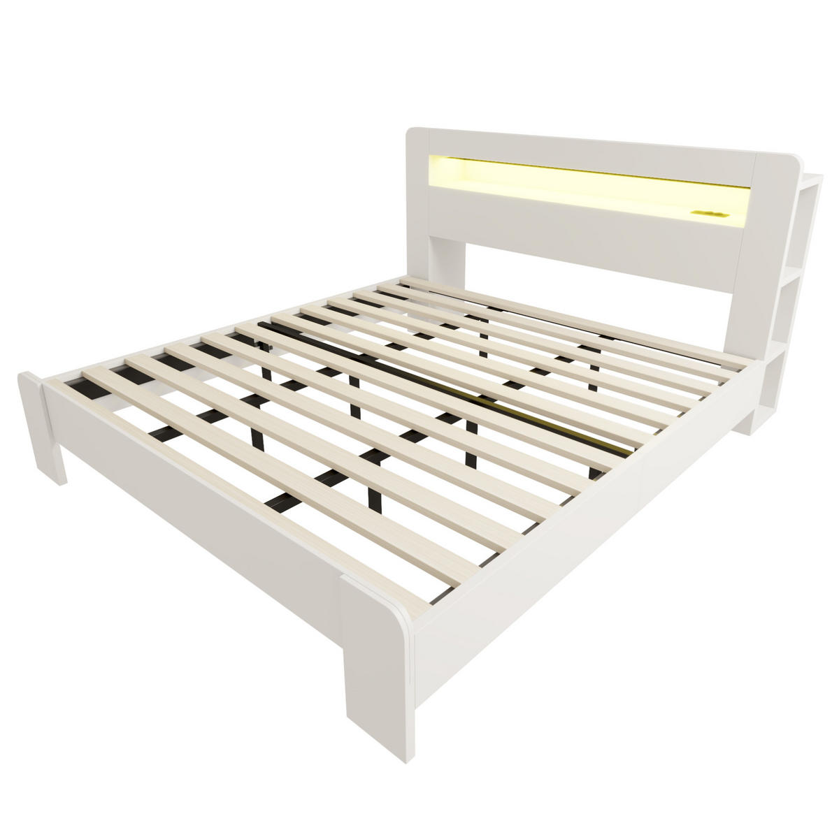 STAURAUMBETT 180/200 cm Weiß aus Holz mit LED und Kopfteil mit Stauraum - Weiß, Holz (180/200cm) - MIVRAY