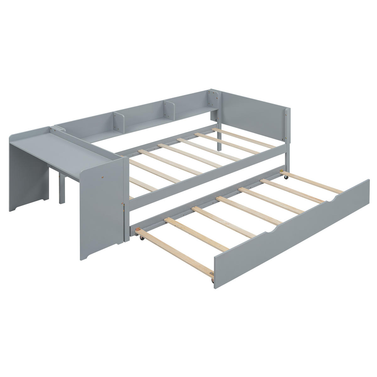 FLACHBETT 90/200 cm Grau mit ausziehbarem Bett und Schreibtisch aus Kiefernholz und MDF - Grau, Holz (90/200cm) - OKWISH
