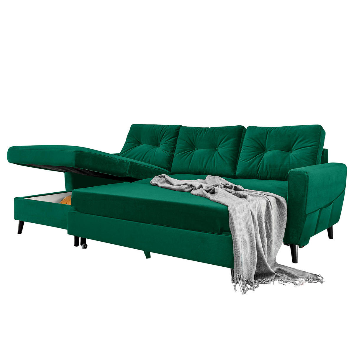 ECKSOFA mit Longchair - Smaragdgrün/Schwarz, Buchenholz/Textil (233/148cm) - home24