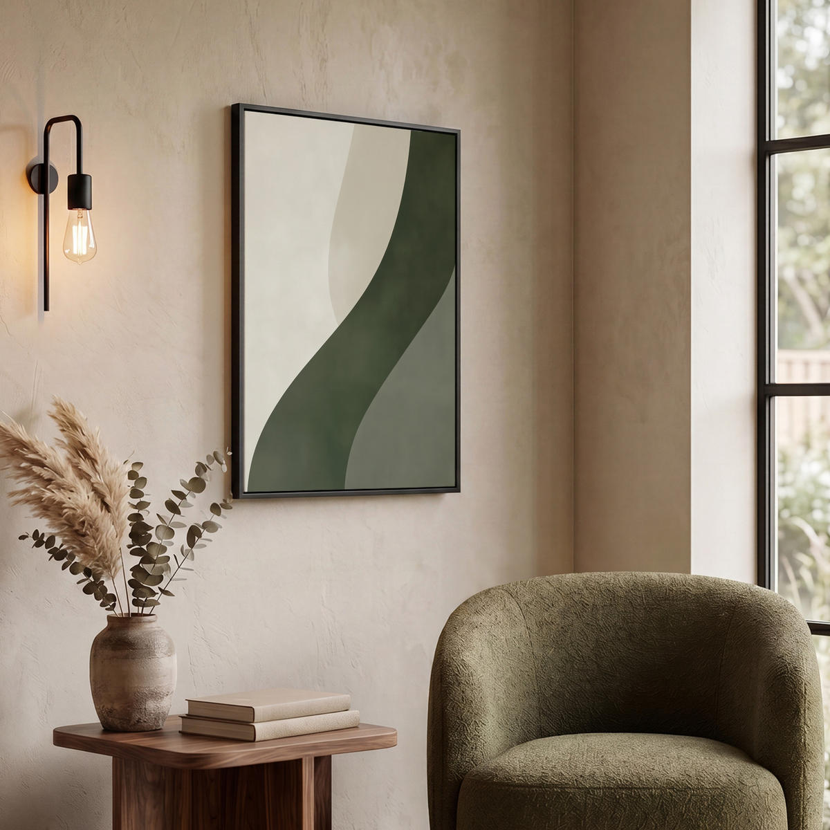 LEINWAND Bilder mit Rahmen - Japandi - Grün - Abstrakt - Modern - 50x70 - Salbeigrün, Textil (50/70cm) - MuchoWow