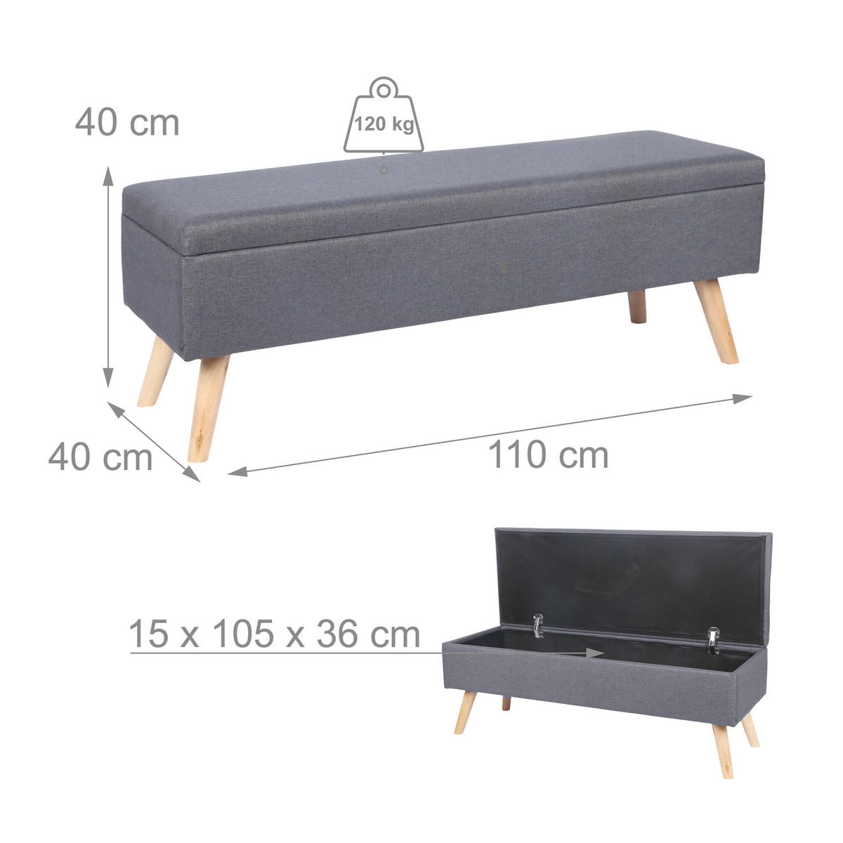 SITZBANK - Grau, Holz/Holzwerkstoff (110/40/40cm) - Relaxdays