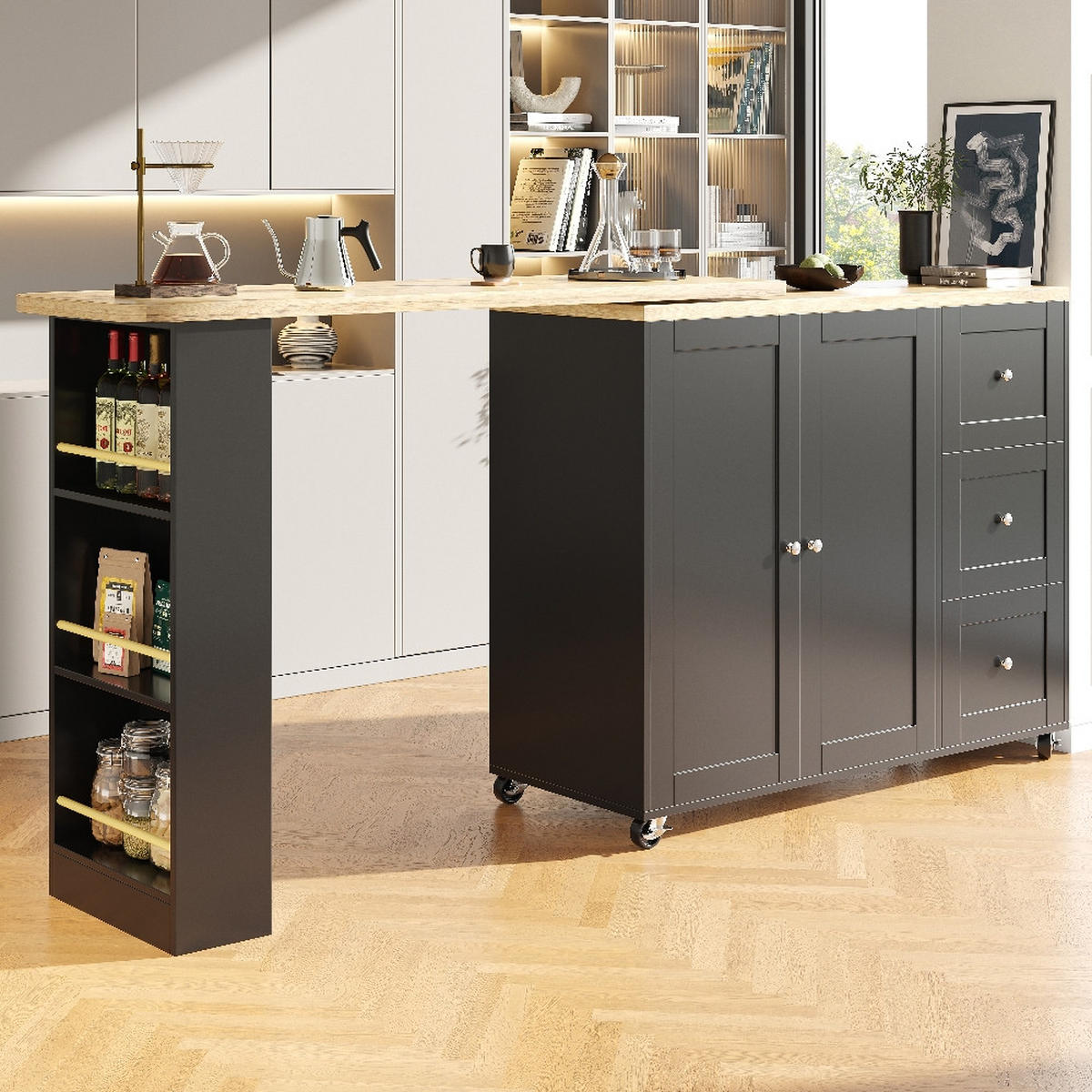 KÜCHENINSEL STEHTISCH 360° drehbar, Kücheninsel auf Rollen, MDF Schwarz, mit 3 Schubladen, 203/39/106 cm - Schwarz, Kunststoff (39/106/203cm) - Rolipo