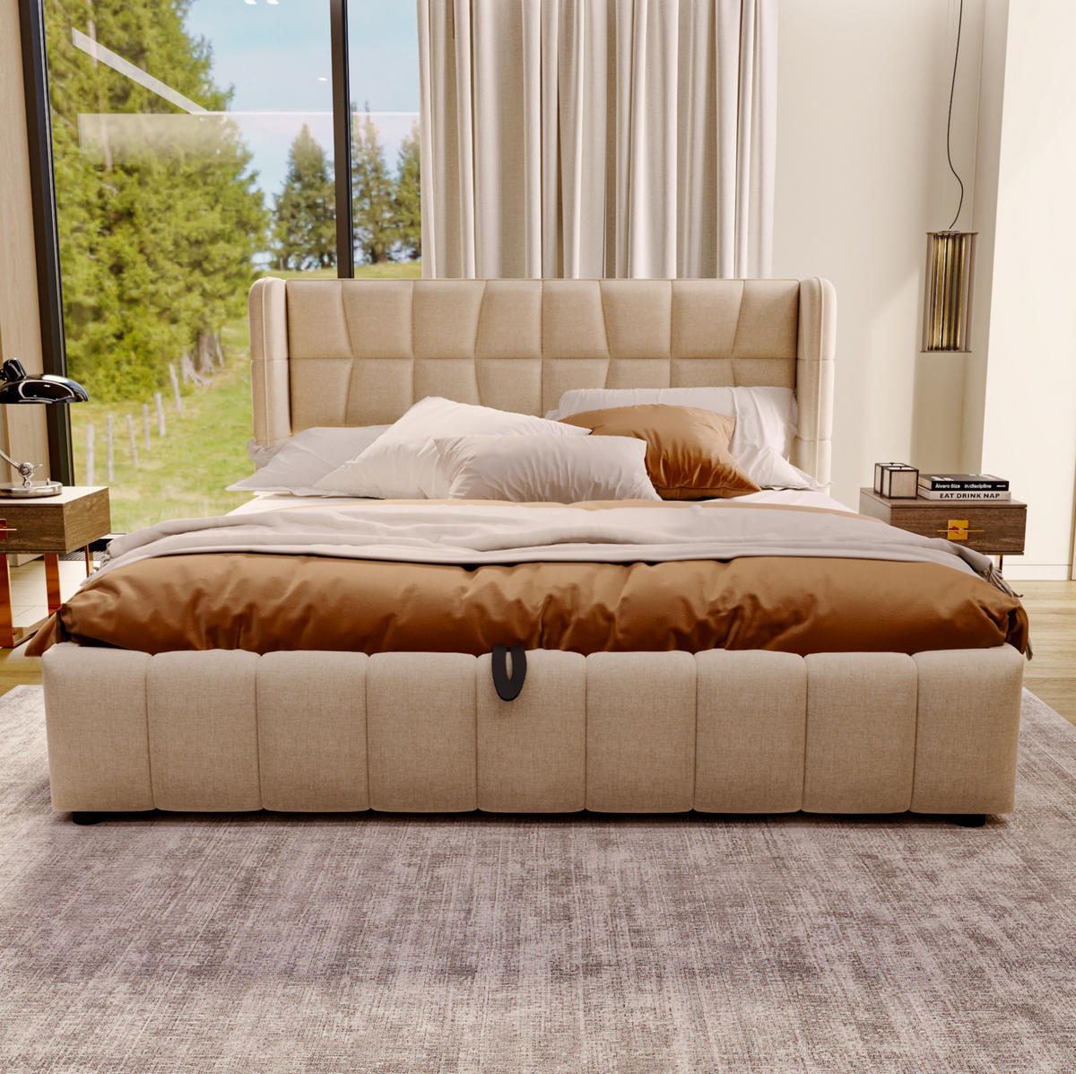 POLSTERBETT 180/200 cm Beige aus Leinen mit Stauraum und Lattenrost - Beige, Textil (180/200cm) - Flora Grace
