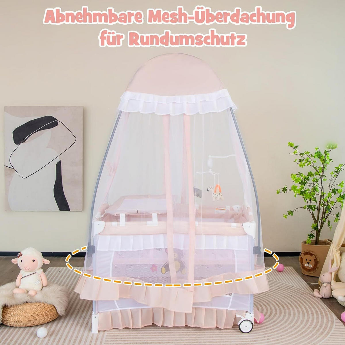 BABYBETT mit abnehmbarem Baldachin rosa - Pink, Textil - COSTWAY