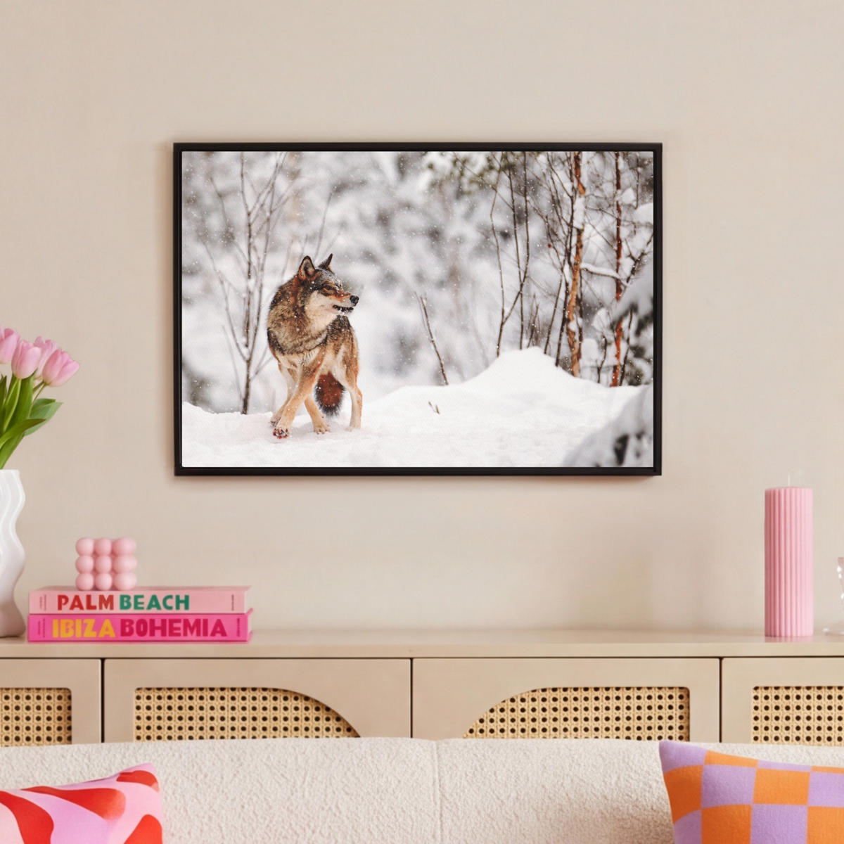 LEINWAND Bilder mit Rahmen - Wolf - Winter - Schnee - Natur - Tiere - 60x40 - Haselnussfarben, Textil (60/40cm) - MuchoWow