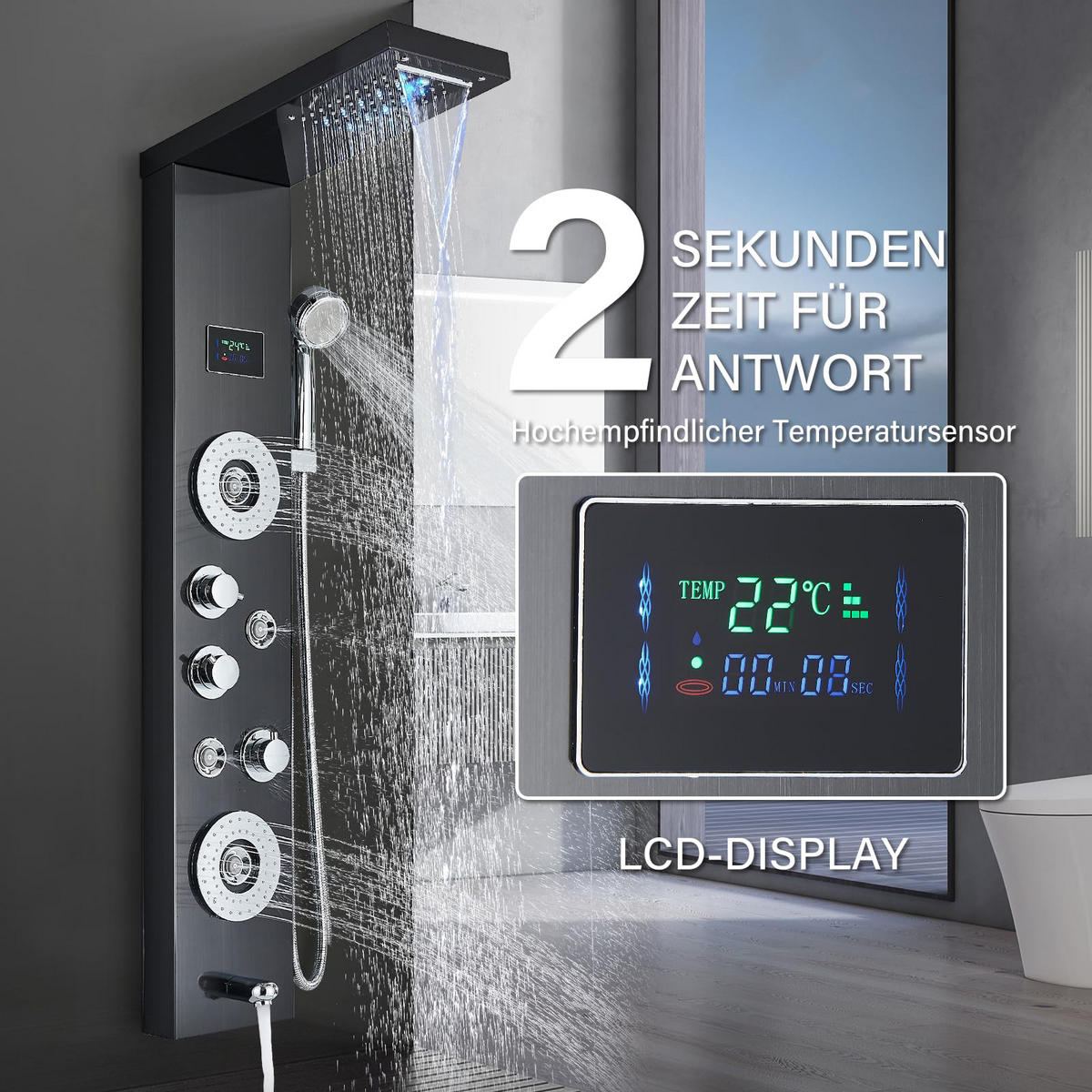 ÜBERKOPFBRAUSESET Schwarz Edelstahl 304 LED Temperaturanzeige - Schwarz, Metall (20/122/46cm) - Kaket