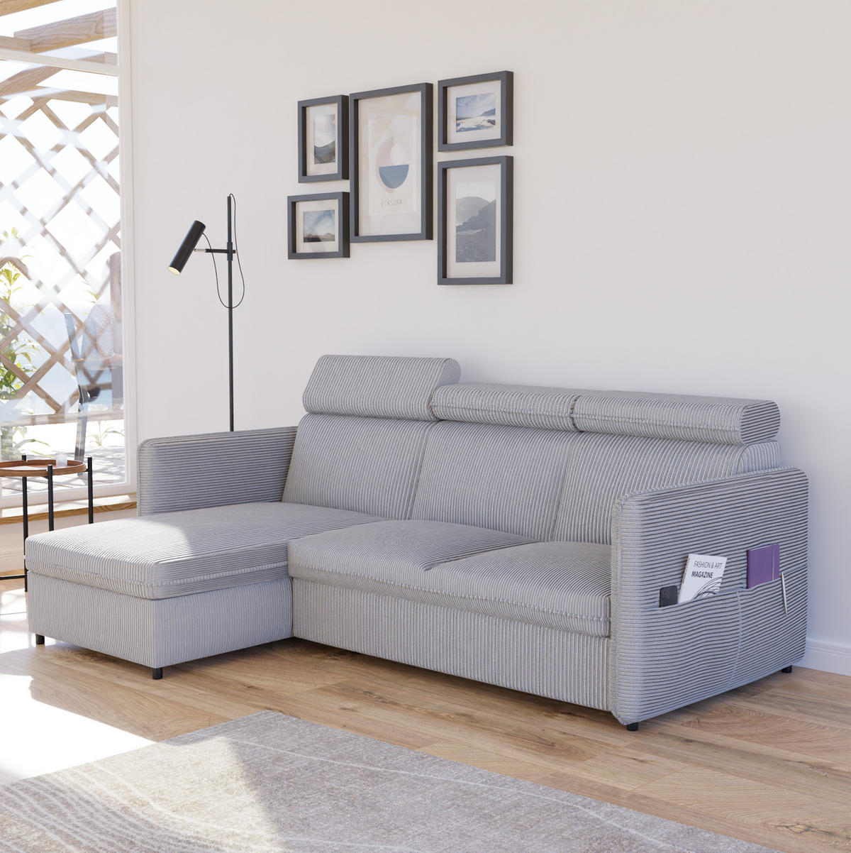 ECKSOFA mit Schlaffunktion und Bettkasten, Hellgrau - Grau, Holzwerkstoff/Textil (220/140cm) - Idohome