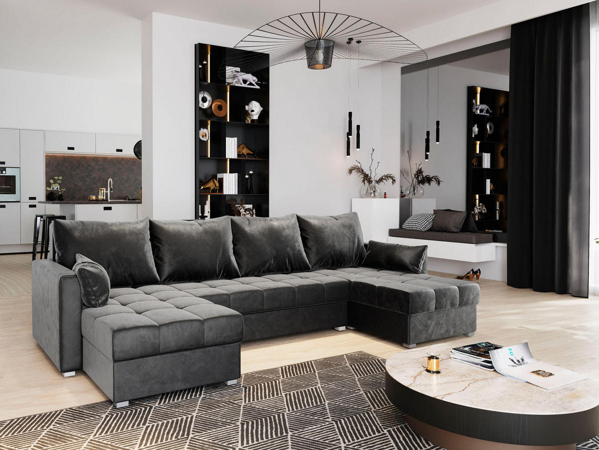 WOHNLANDSCHAFT NAKO Grau Plüsch-Stoff mit Schlaffunktion - Grau, Holz (285/85/140cm) - MASSENO