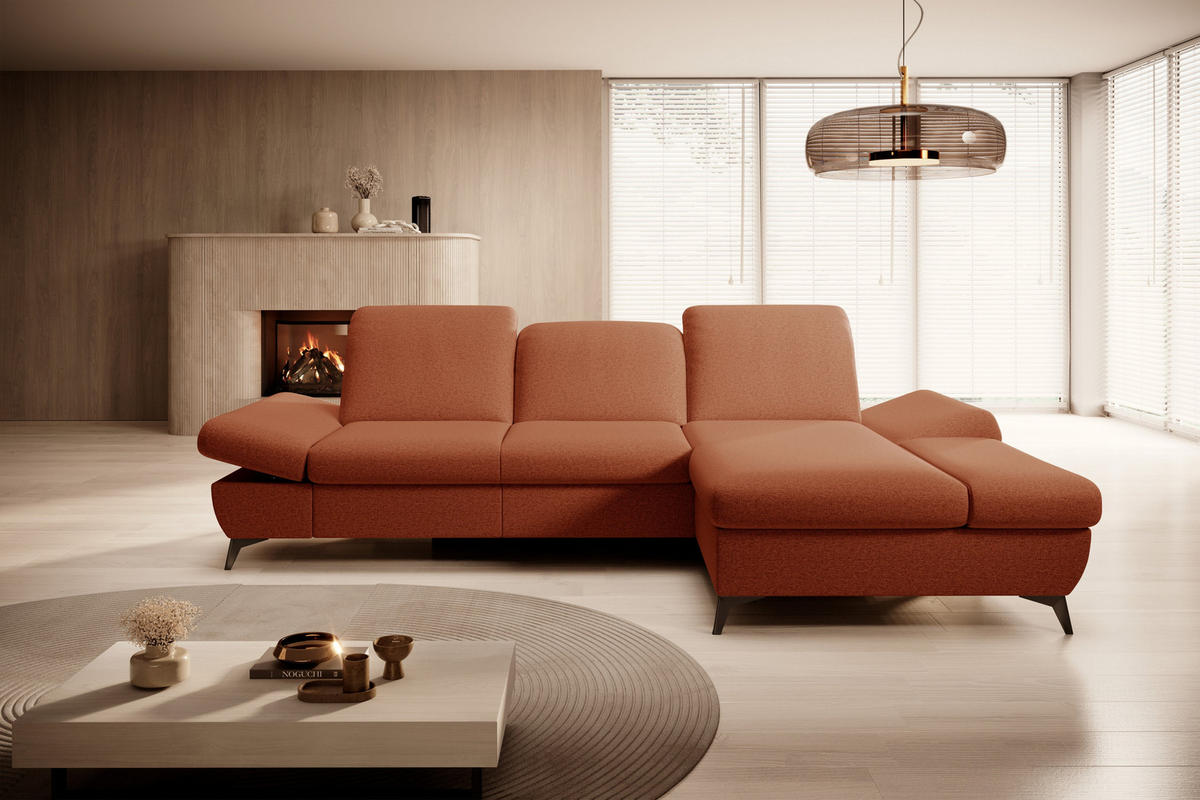 ECKSOFA FELICE R-S Orange Geflochtener Stoff mit Schlaffunktion - Orange, Holz (284/166cm) - MASSENO