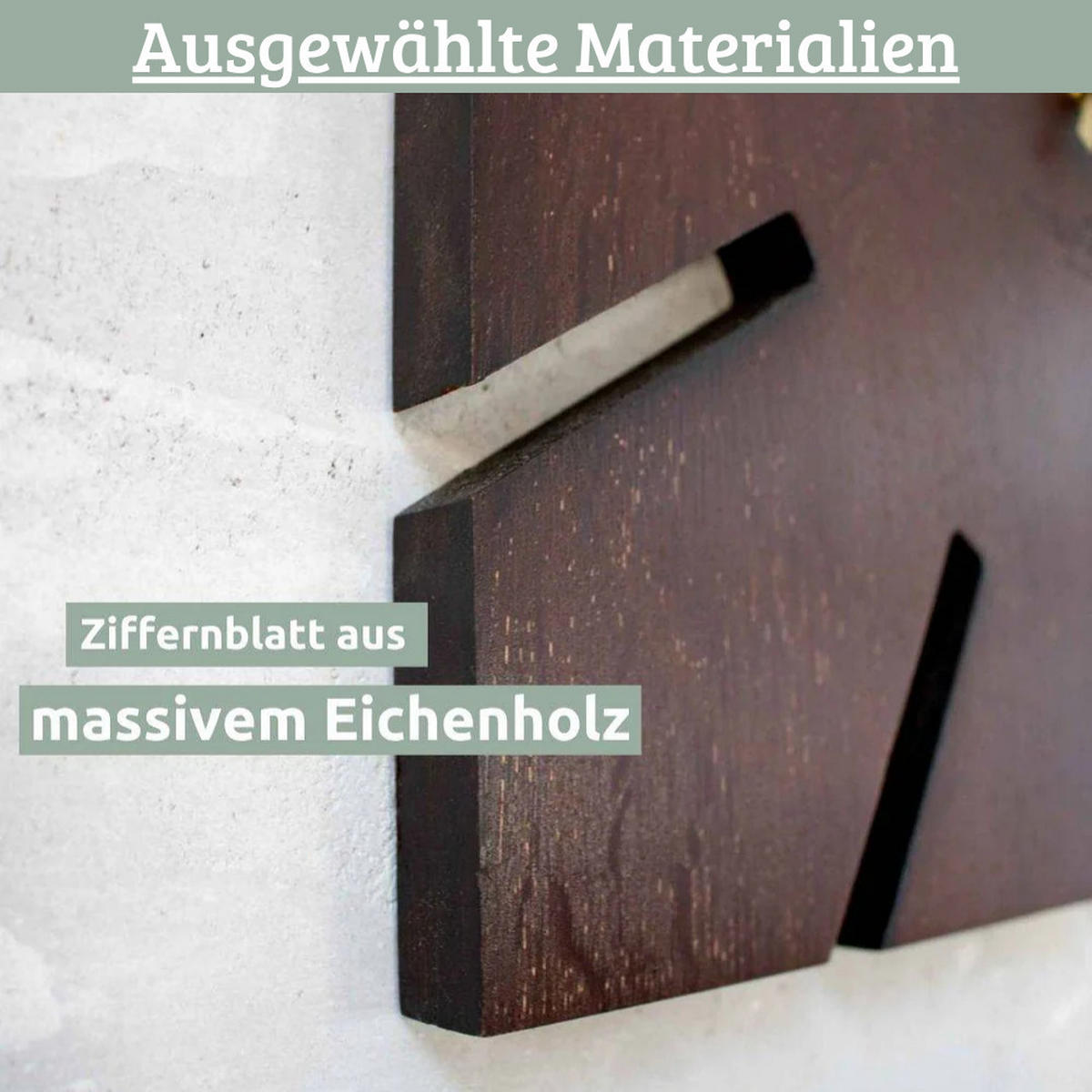 WANDUHR groß Holz SUN HANDGEFERTIGT 29x29 cm Eiche Massiv Geräuschlos - Braun, Holz (29/29/2cm) - DELUKE