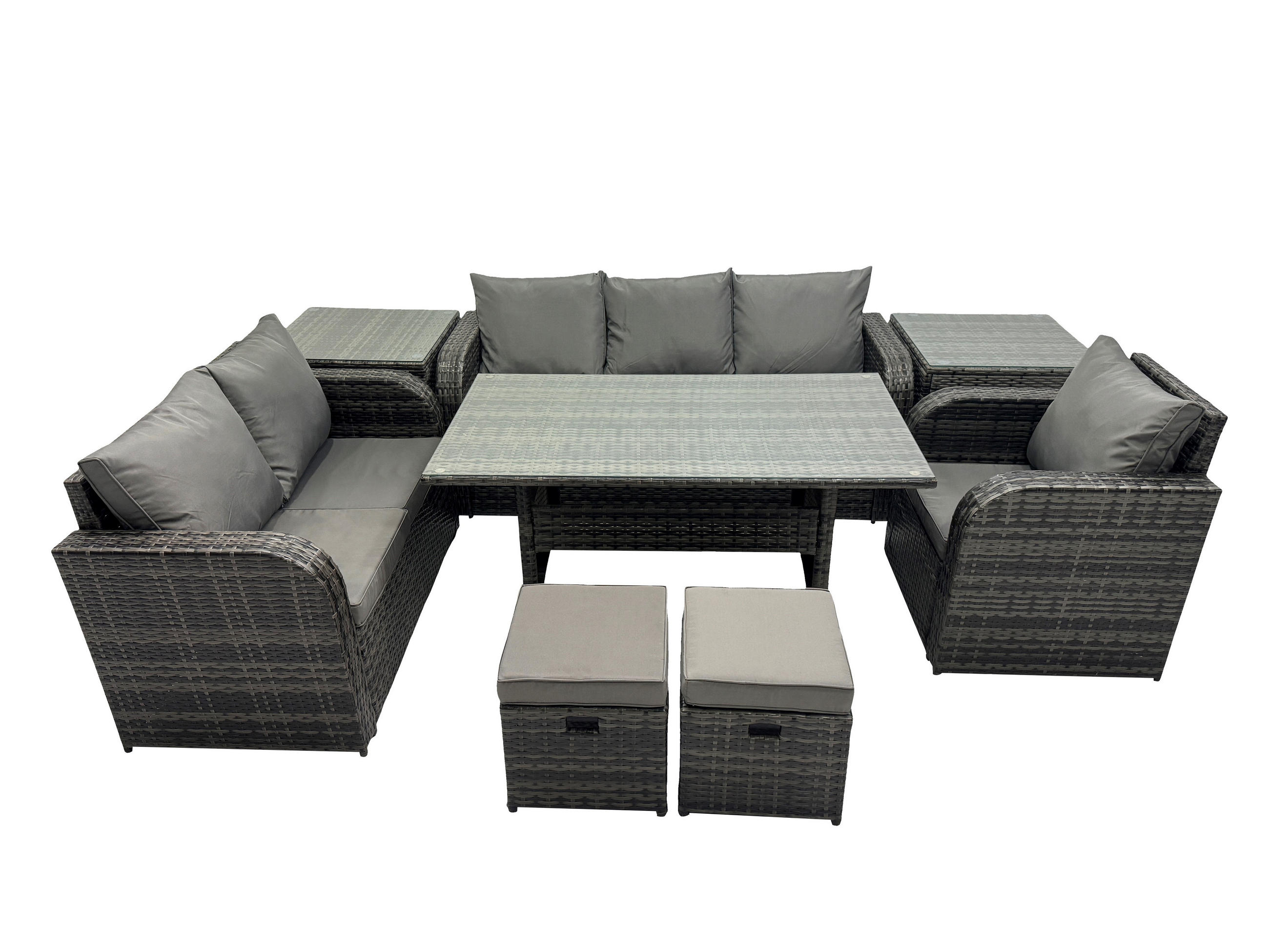 GARTENTISCHGRUPPE mit Liegestuhl,2 Hocker,Beistelltischen Polyrattan 8-Sitzer - Dunkelgrau/Grau, Glas/Kunststoff - Fimous