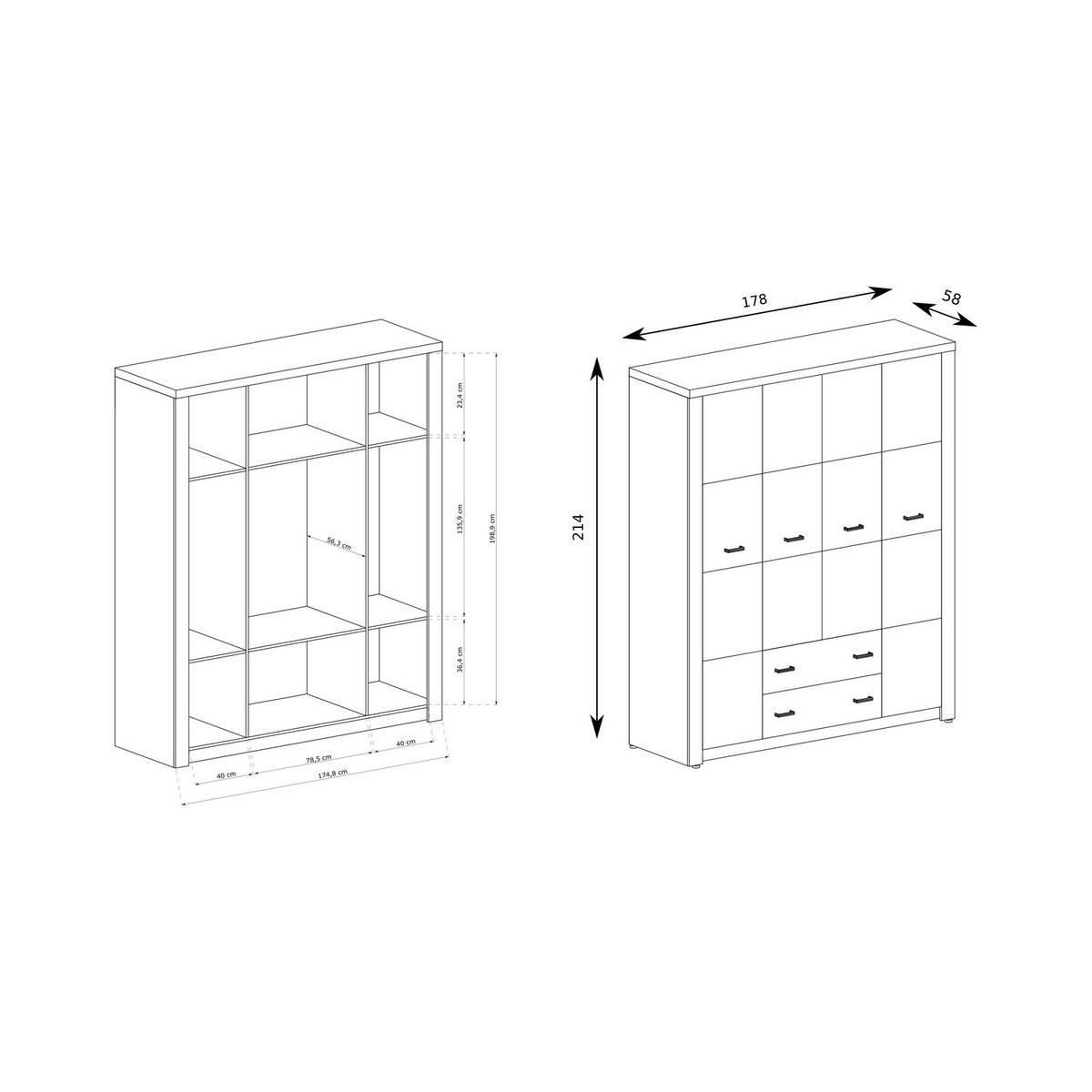 KLEIDERSCHRANK Indianapolis I-18 4-türig 178 x 214 x 58 cm Esche dunkel - Dunkelbraun/Silberfarben, Holzwerkstoff/Metall (178/214/58cm) - Koseto