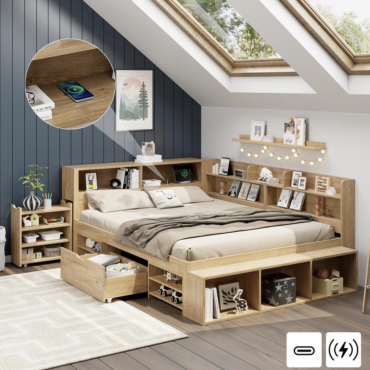 KINDERBETT aus Plywood 140x200 cm in Natur mit Stauraum - Naturfarben, Holzwerkstoff (140/200cm) - Modfu