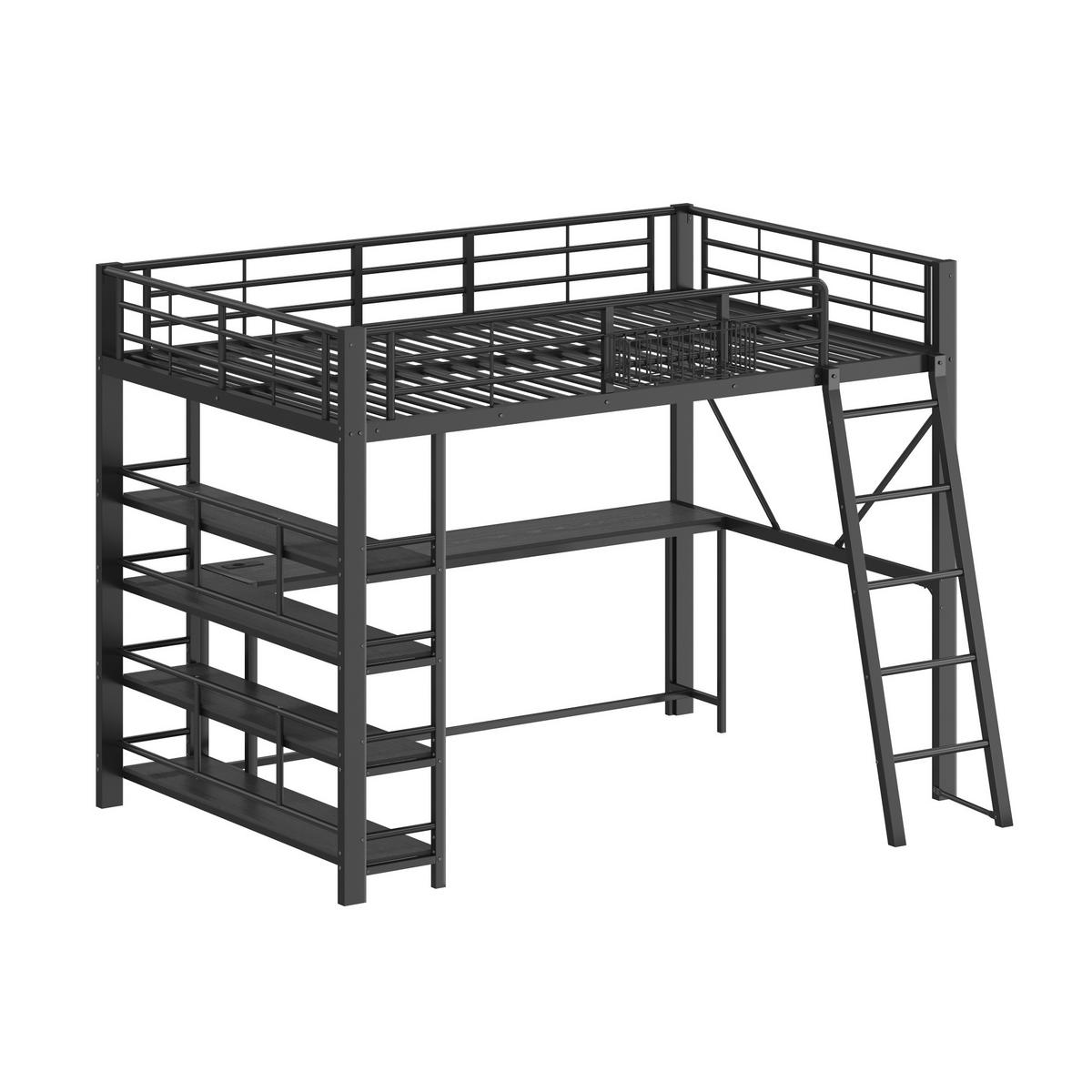 METALL-HOCHBETT aus Metall und MDF 140x200 cm Schwarz mit Schreibtisch, LED und USB-Ladestation - Schwarz, Holzwerkstoff (140/200cm) - Modfu