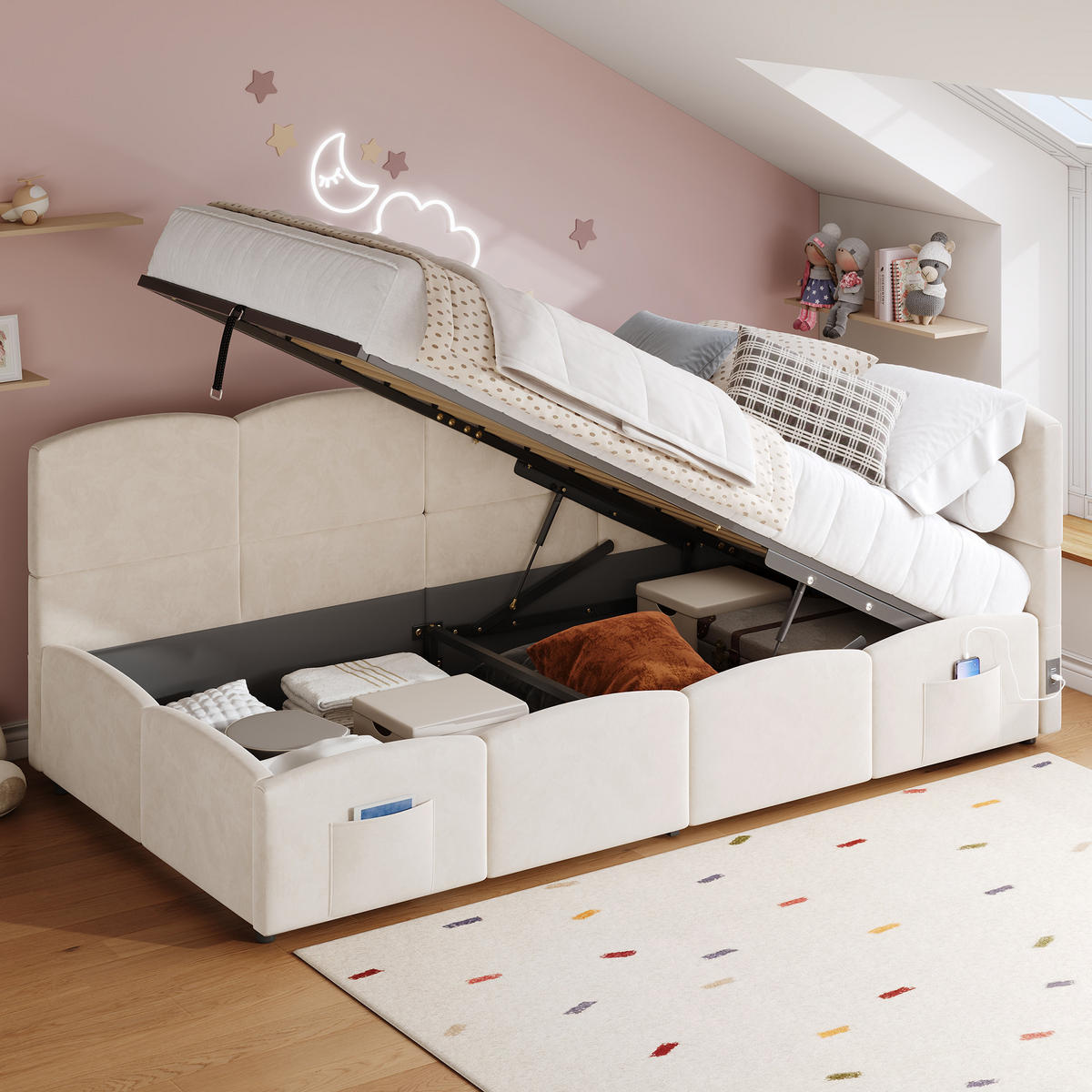 KINDERBETT Beige Samt 90x190 USB Stauraum Lattenrost - Beige, Textil (90/190cm) - FLIEKS
