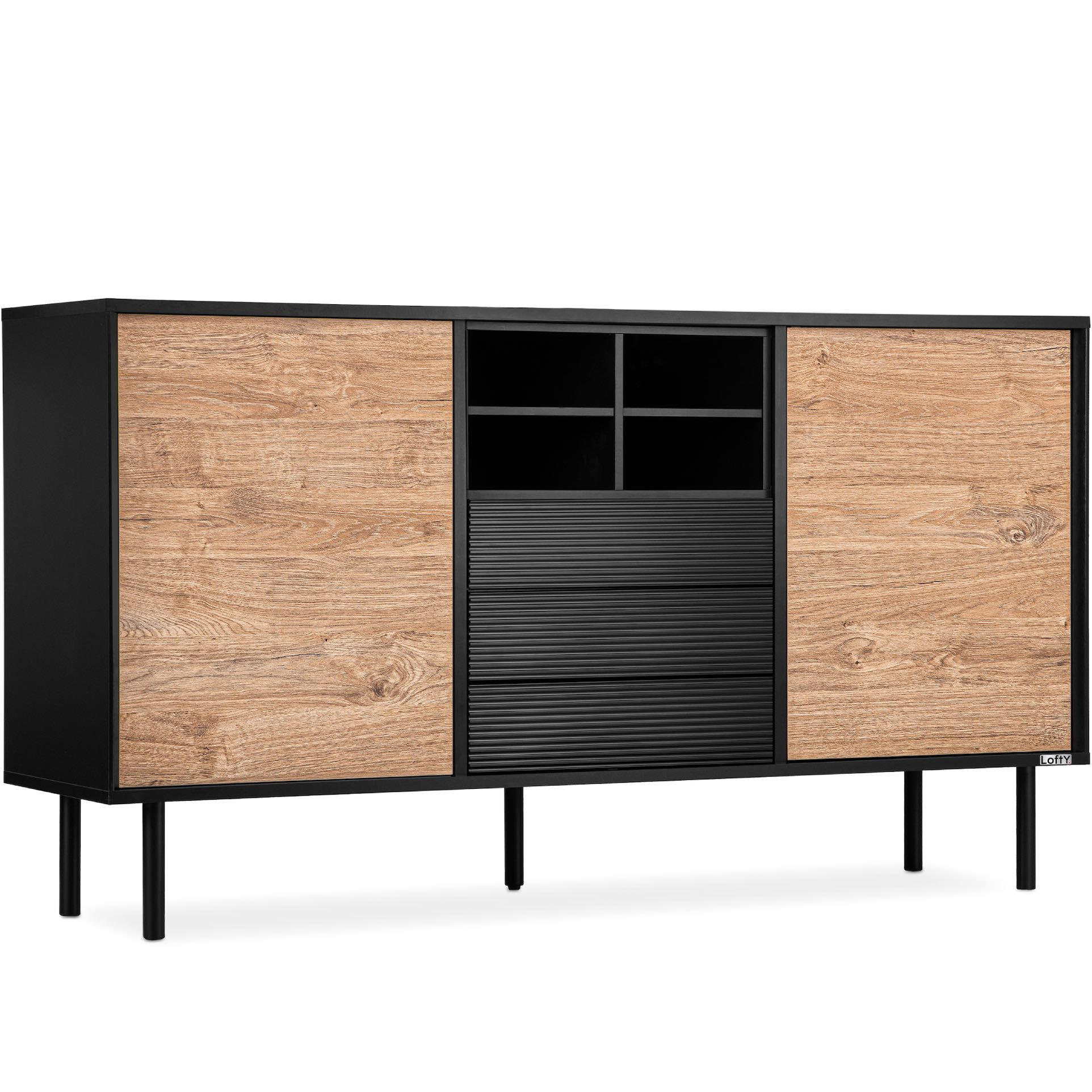 KOMMODE LOFTY Kreuzeinlage, schwarz / Eiche natur - Eichefarben/Schwarz, Holzwerkstoff (151/84/41cm) - KONSIMO®