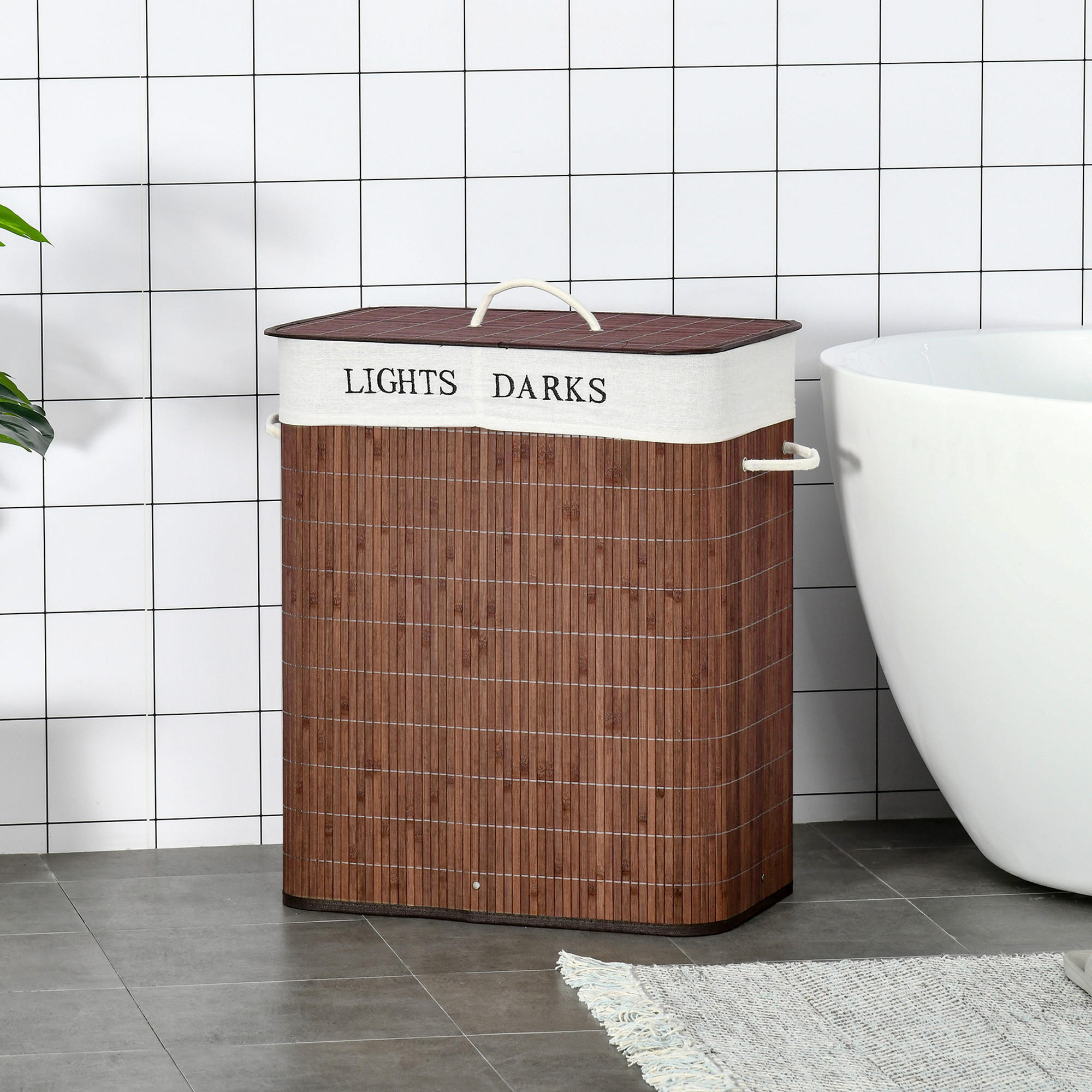 WÄSCHEKORB, Bambus, Polyester Braun+Weiß - Braun, Naturmaterialen (32/63/52cm) - HOMCOM