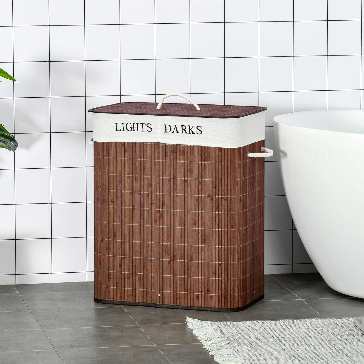 WÄSCHEKORB, Bambus, Polyester Braun+Weiß - Braun, Naturmaterialen (32/63/52cm) - HOMCOM