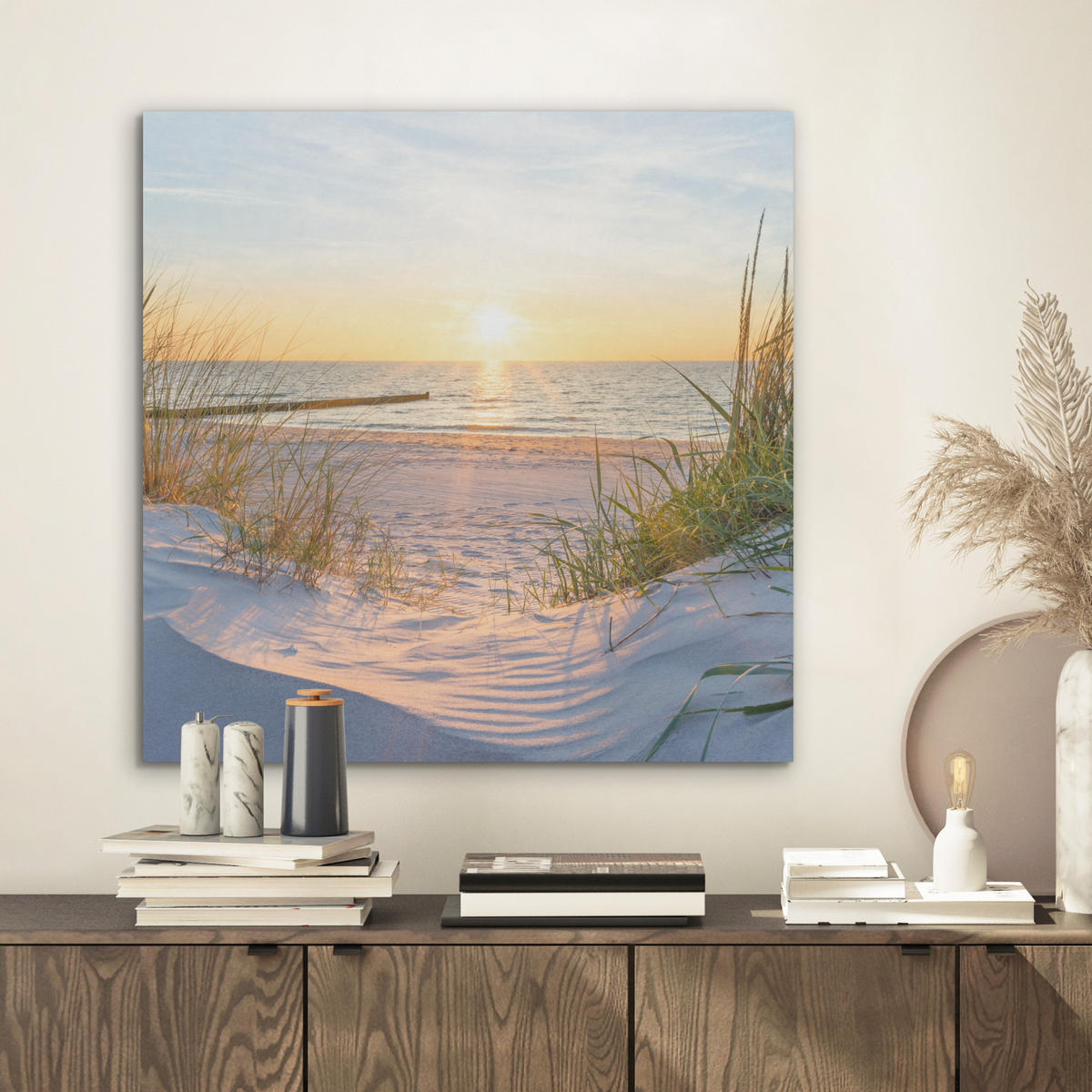 AKUSTIKBILD Strand - Sonne - Düne - Gras - Sand - Horizont Wandbilder 60x60 cm - Hellblau, Kunststoff (60/60/0.9cm) - MuchoWow