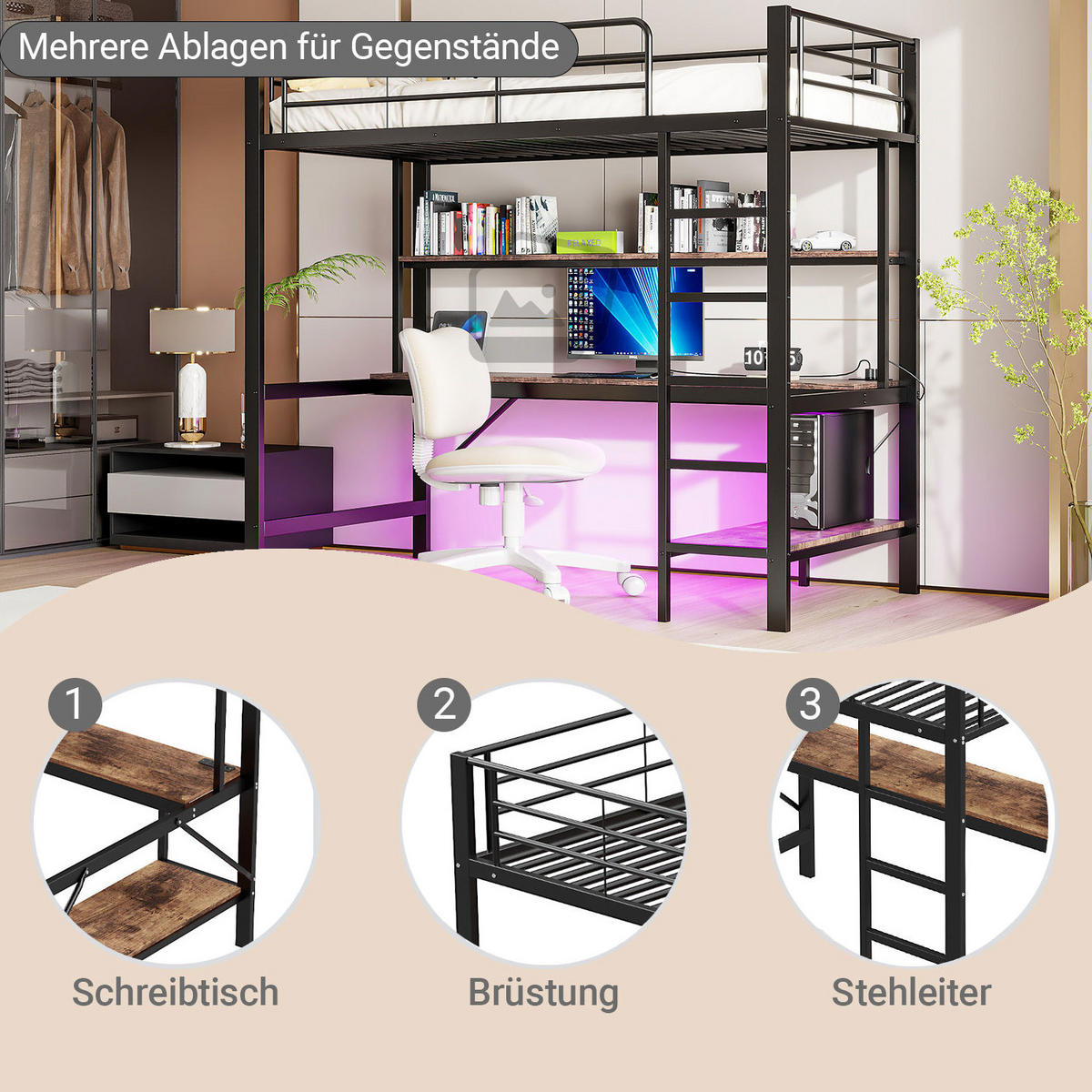 HOCHBETT 90/200 cm mit Schreibtisch, Regal, USB, Steckdose und LED-Ambientelicht, Schwarz - Schwarz, Metall (90/200cm) - Redom