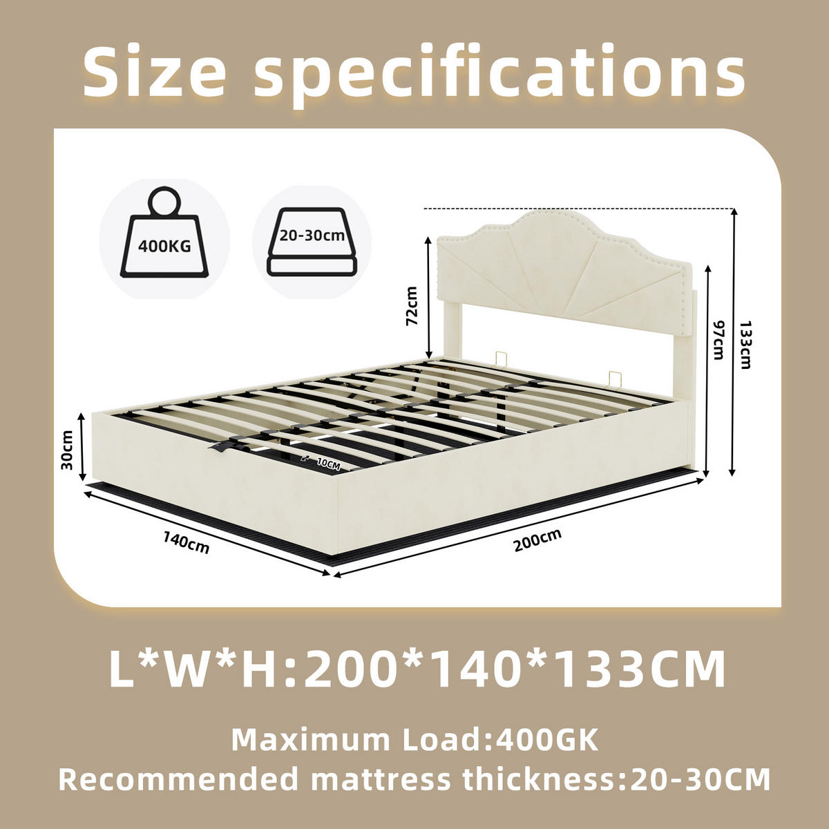 STAURAUMBETT 140/200 cm mit Hydraulik-Stauraum, DE-41913, in Beige - Beige, Metall (140/200cm) - ComfortXL