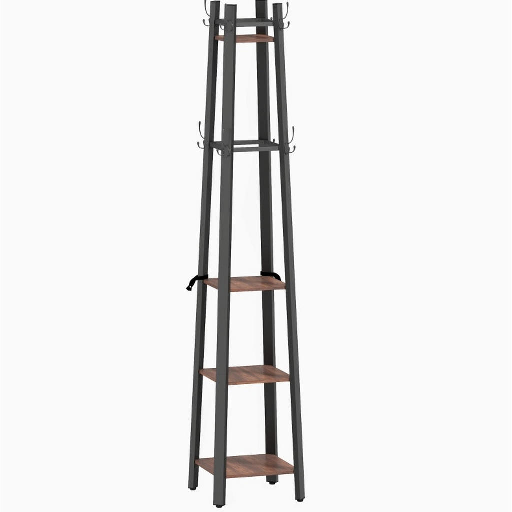 Redom VĚŠÁK na oblečení 34,8/34,8/179 cm s 8 háčky a 4 policemi, dřevo a kov, Hnědá