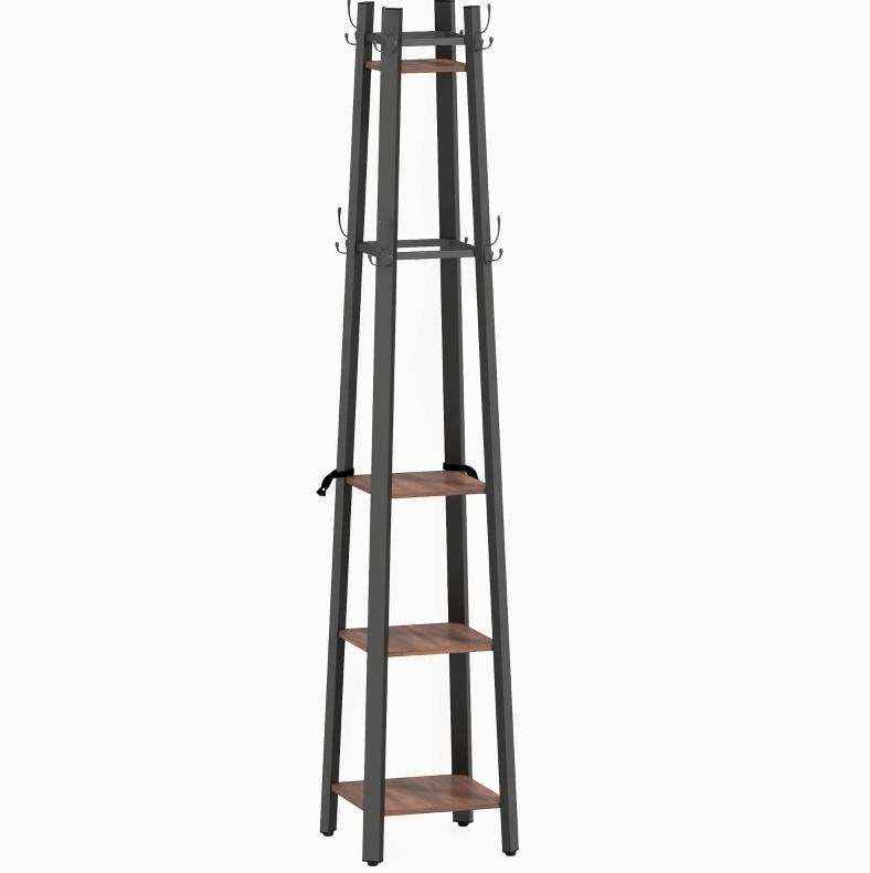GARDEROBENSTÄNDER 34,8/34,8/179 cm mit 8 Haken und 4 Ablagen aus Metall und Holzoptik, Braun - Braun, Holz (34.8/179/34.8cm) - Redom