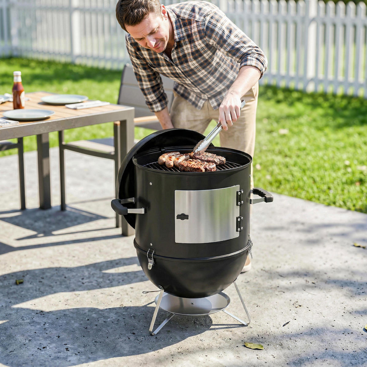 RAUCHER DE-18277 3-in-1 mit 3 Grillrosten & Thermometer Schwarz - Schwarz, Metall (47.5/91/62.5cm) - ComfortXL
