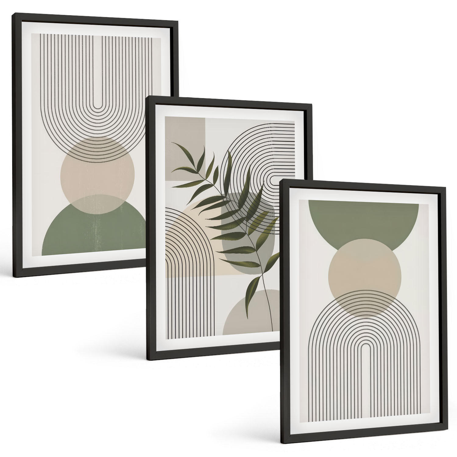 BILDER SET 3er Set - 40x60 cm Schwarzer Rahmen - Abstrakte Formen mit Grün - Schwarz, Kunststoff (40/60cm) - TULUP