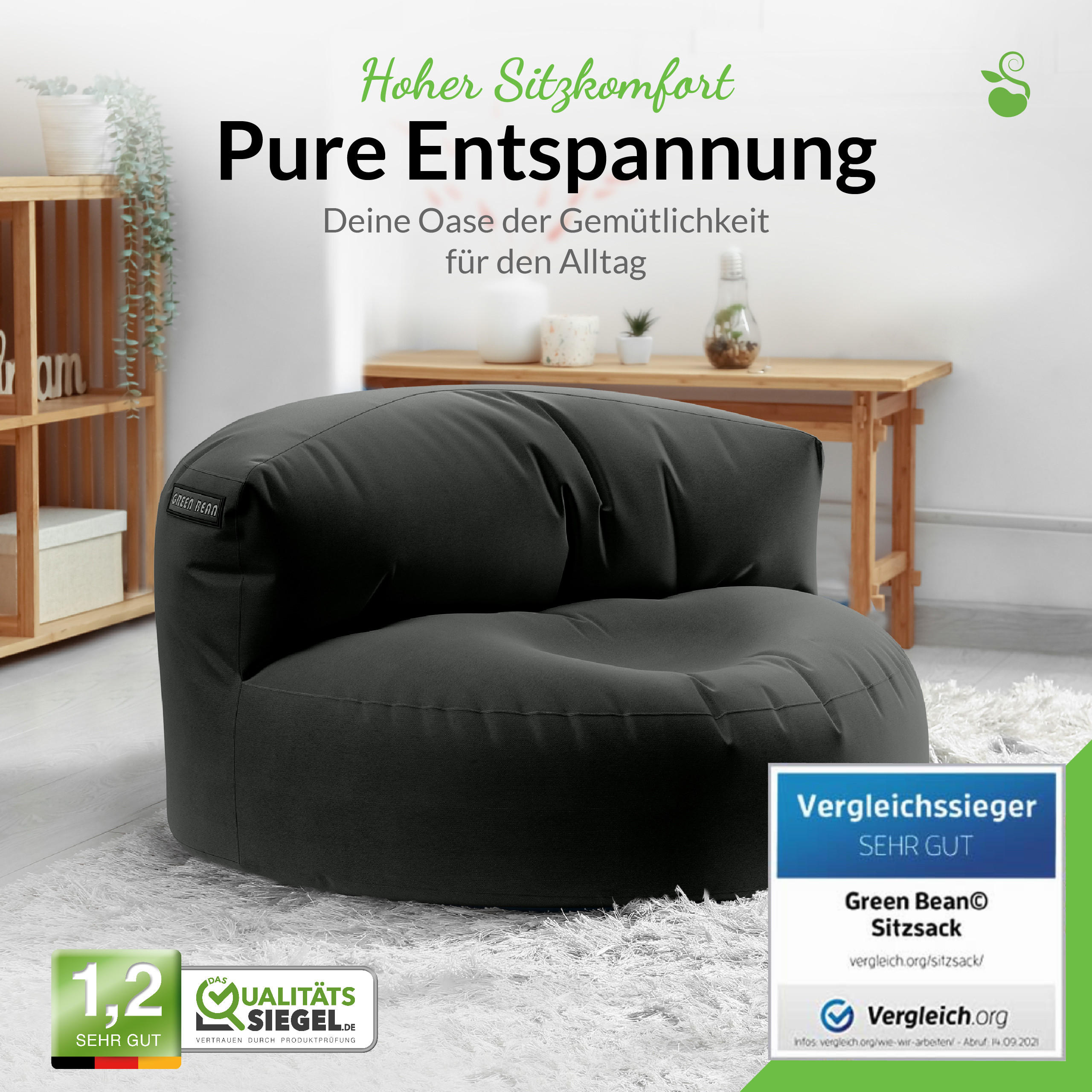 INDOOR OUTDOOR SITZSACK Lounge Sofa - Schwarz, Textil (90/50/50cm) - Green Bean
