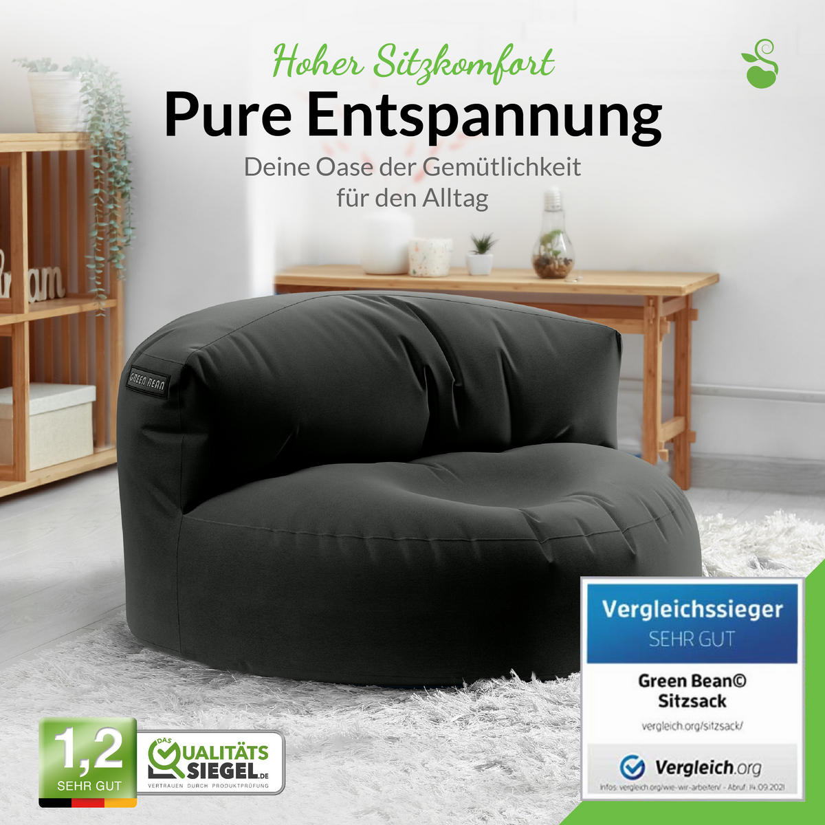 INDOOR OUTDOOR SITZSACK Lounge Sofa - Schwarz, Textil (90/50/50cm) - Green Bean