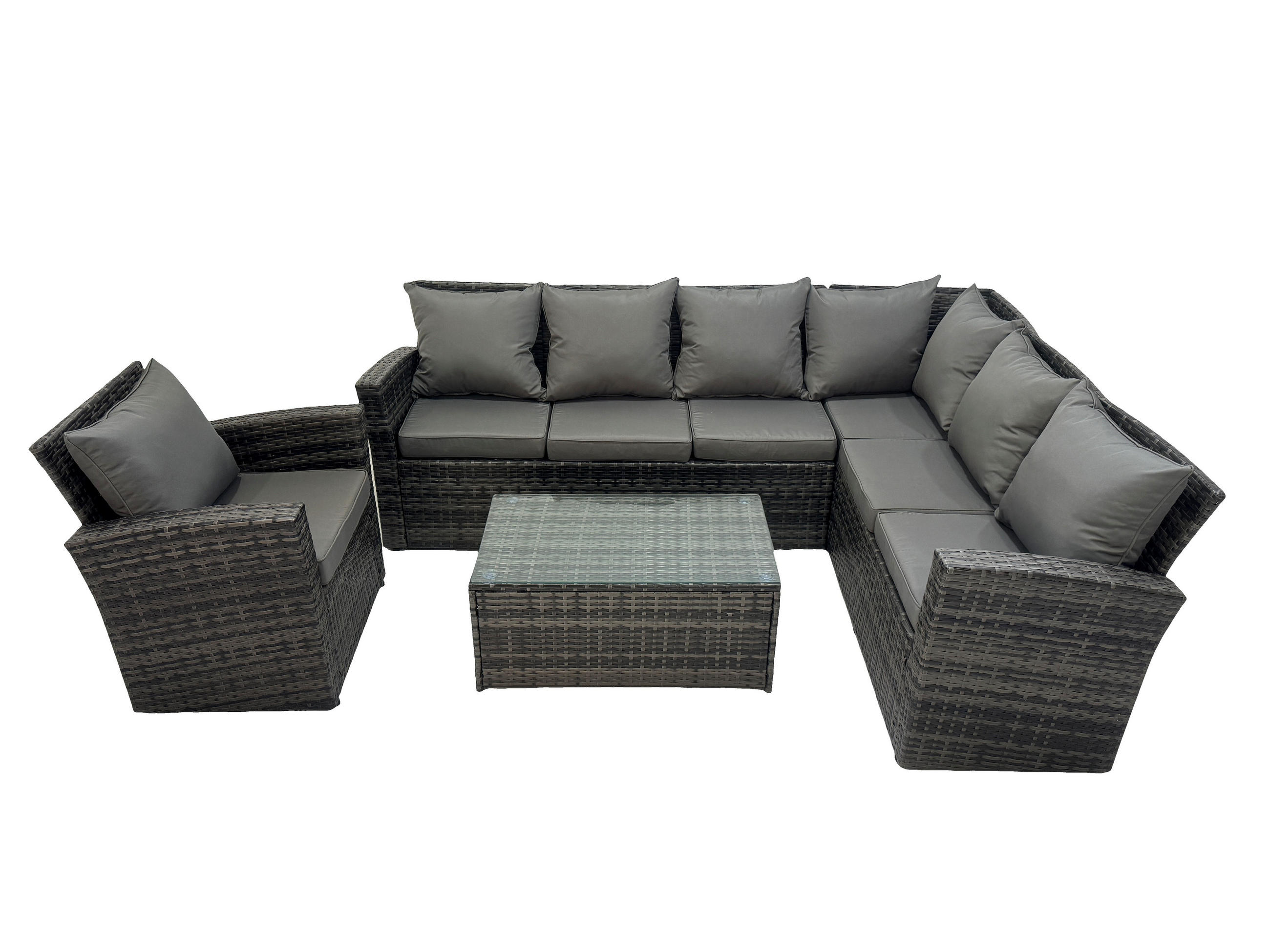 GARTENMÖBELSET Rechte Ecke Polyrattan Dunkelgrau 6-Sitzer - Dunkelgrau/Grau, Glas/Kunststoff - Fimous