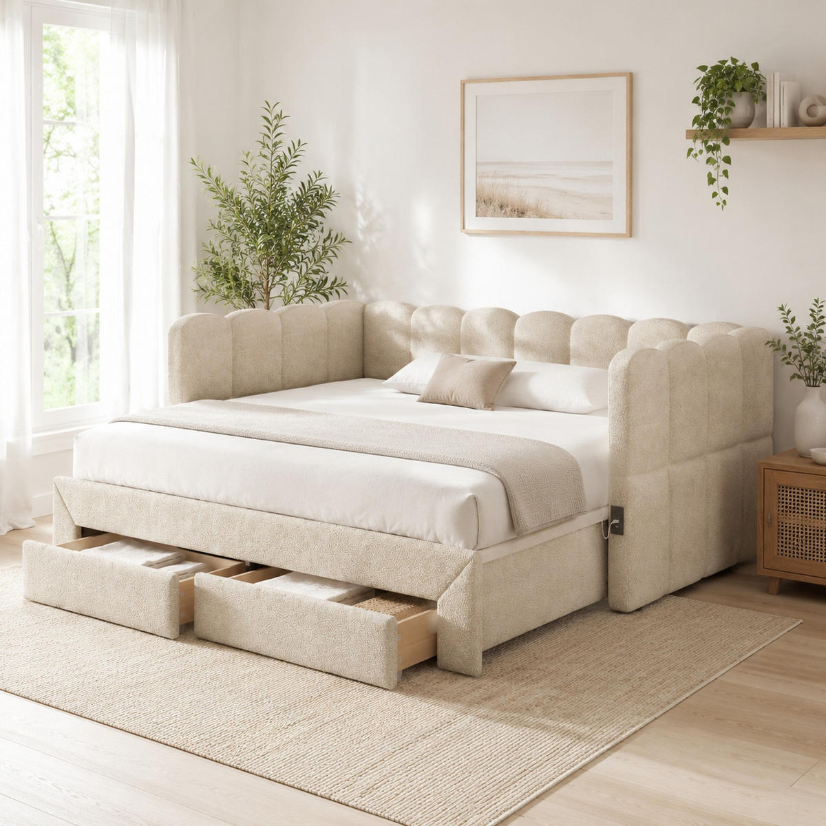 POLSTERBETT 90/190 mit Ausziehfunktion, Schubladen und USB-Anschluss in Beige - Beige, Holzwerkstoff/Textil (90/190cm) - EVRYAE