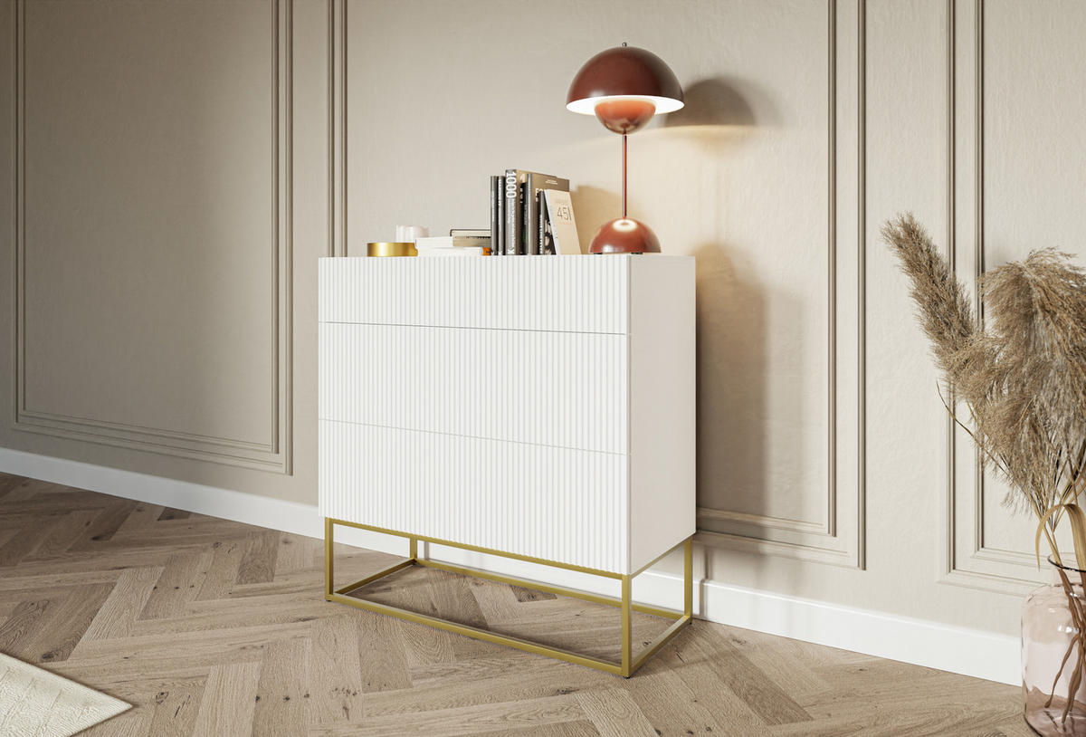 KOMMODE Veldio Weiß mit 3 Schubladen 90 cm - Goldfarben/Weiß, Holzwerkstoff/Metall (90/90/38cm) - Selsey
