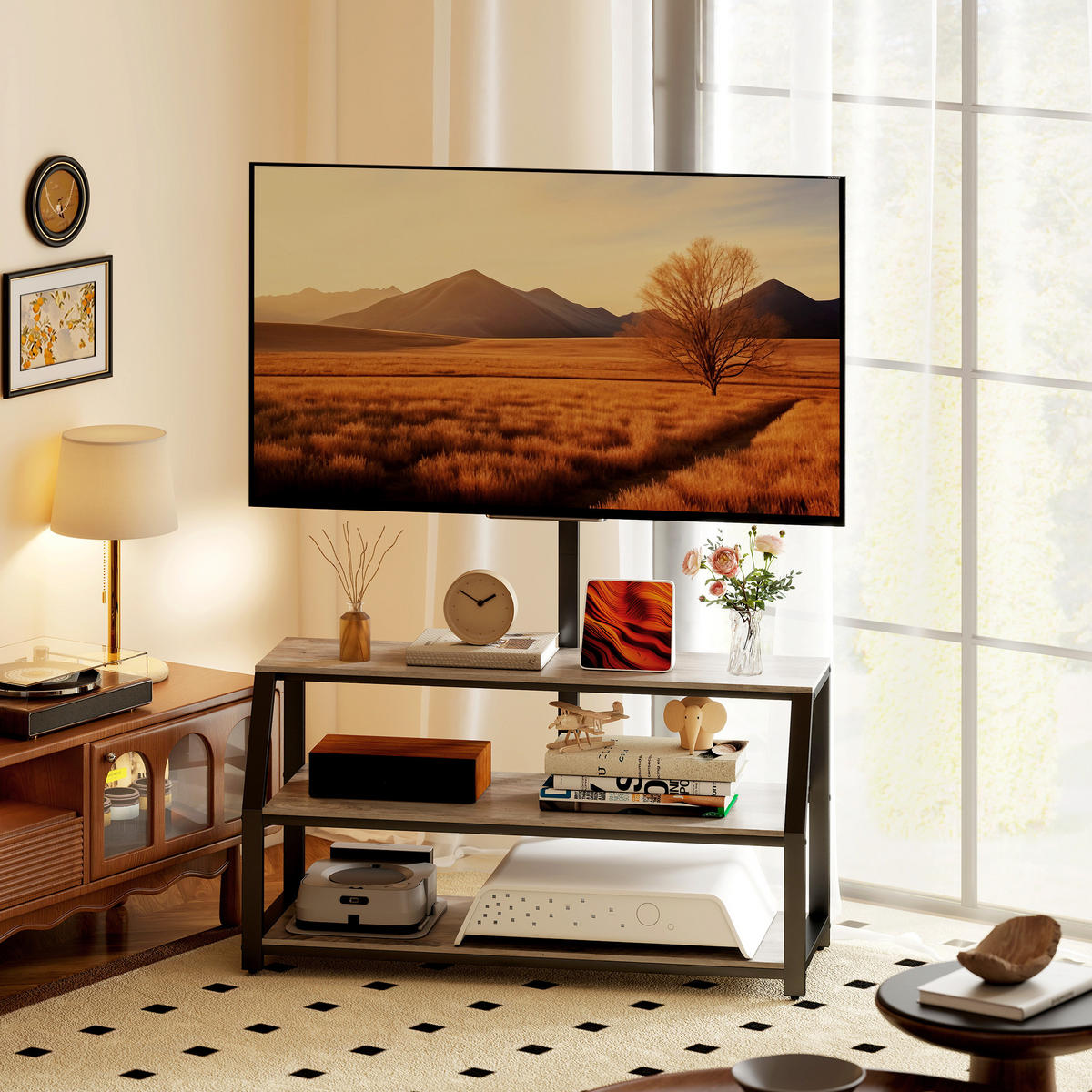 TV-BOARD Grau/Schwarz 110/43/150 cm, mit Halterung, 2 offene Fächer, Metallgestell - Grau, Holzwerkstoff (110/150/43cm) - PANGIVO