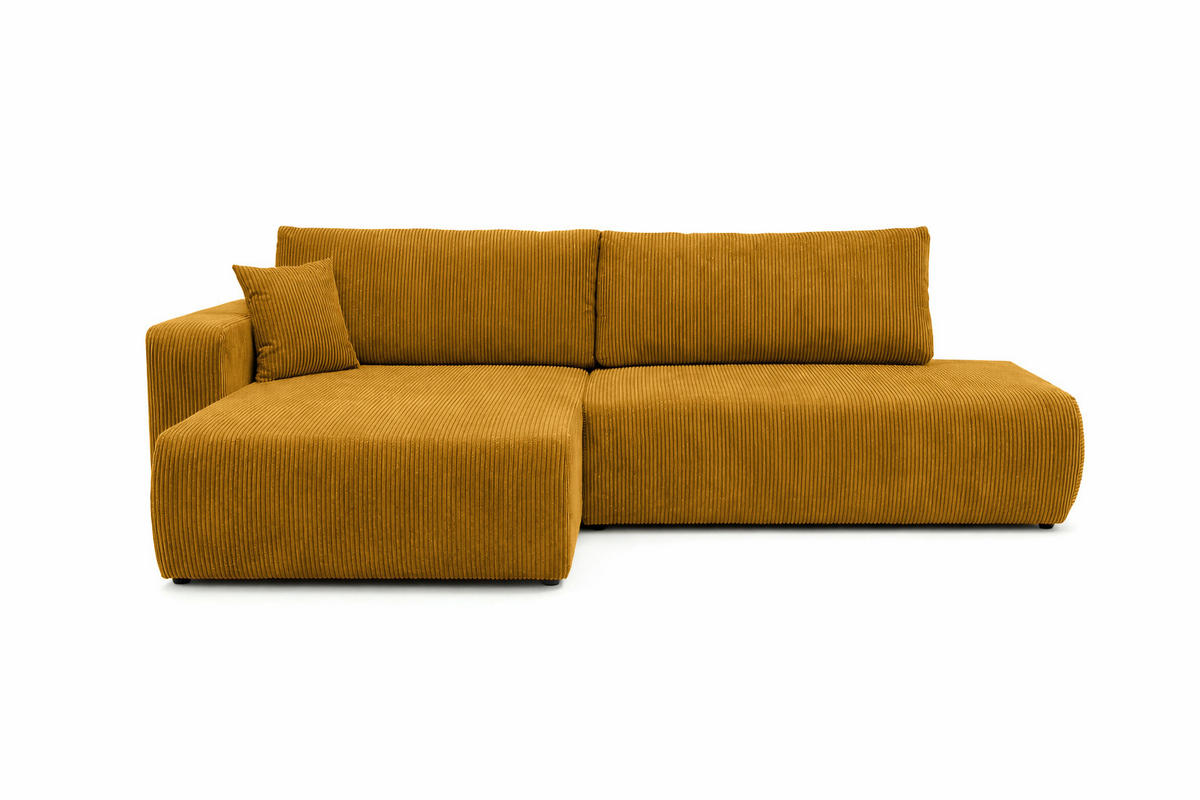 ECKSOFA Mit Schlaffunktion Und Bettkasten, Cordstoff Poso, Senffarbe, Links, OPEN XL - Gelb, Holz (262/145cm) - Kaiser Möbel