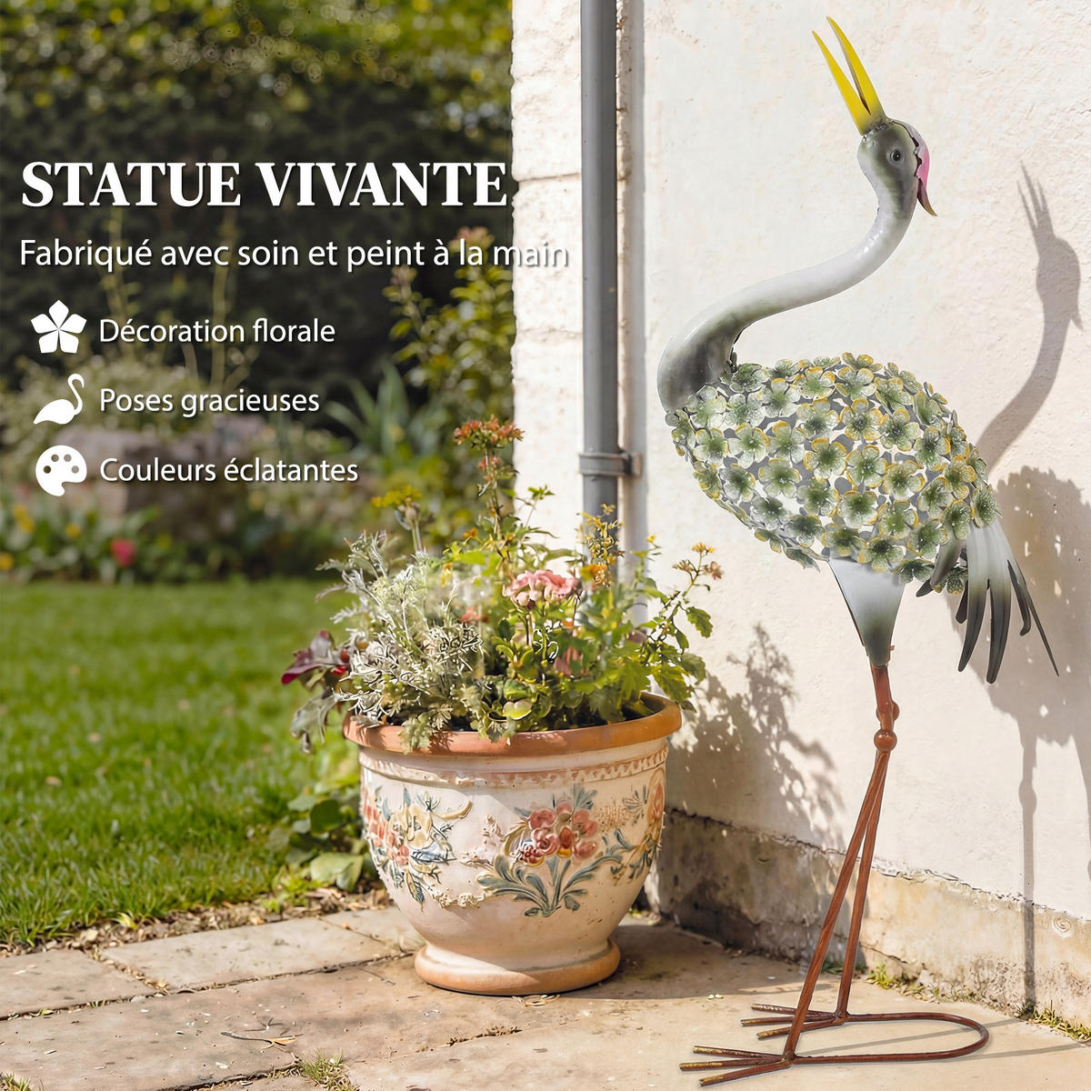GARTENFIGUR DE-13857 Reiher-Skulptur, wetterfest Grün - Grün, Metall (17/71/26cm) - ComfortXL